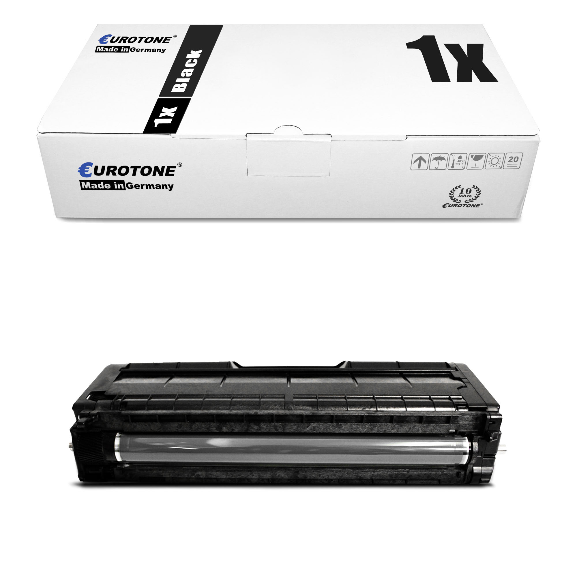 Weiße Eurotone-Box und schwarze Tonerkartusche. Schwarzer Text. Weißer Hintergrund.