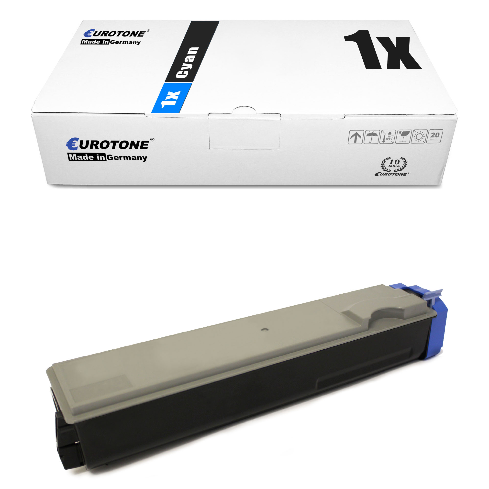 Eine Cyan-Tintenpatrone mit weißer Schachtel der Marke EUROTONE. Die Schachtel hat ein 1x Cyan Etikett.