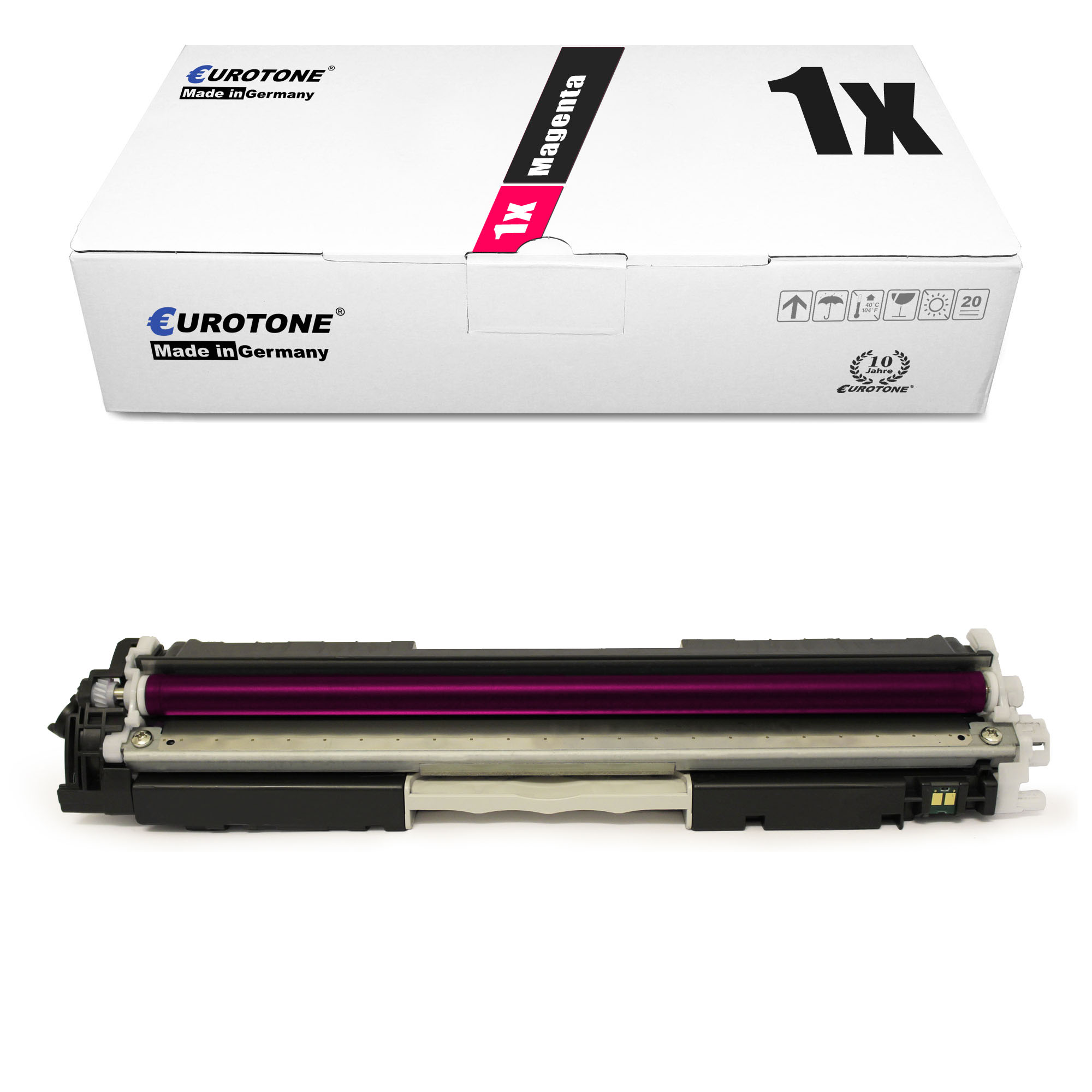 Eine magentafarbene Tonerkartusche und eine weiße Box mit den Aufschriften "Magenta" und "1x". Beide haben die Marke "Eurotone".
