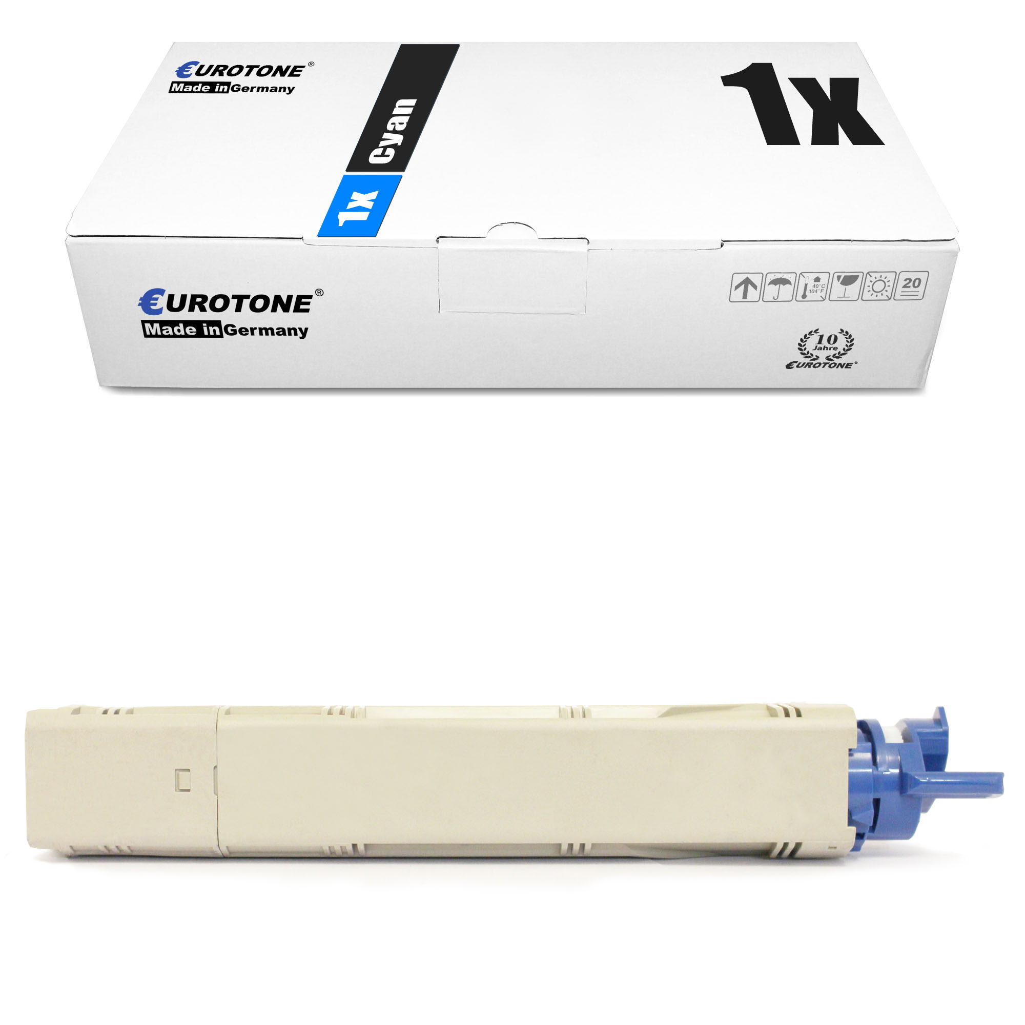Cyanfarbene Tonerkartusche und ihre Box. Box weiß mit Eurotone-Logo und schwarzem Text, Kartusche draußen.