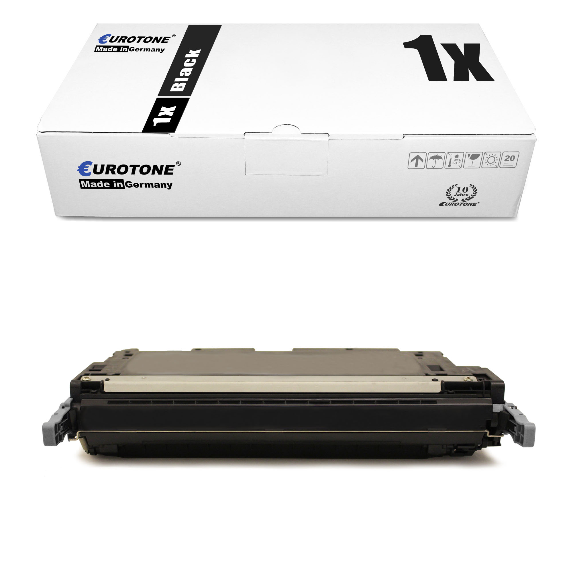 Weiße Box mit schwarzem Text und eine schwarze Tonerkartusche darunter. Die Patrone ist schwarz.