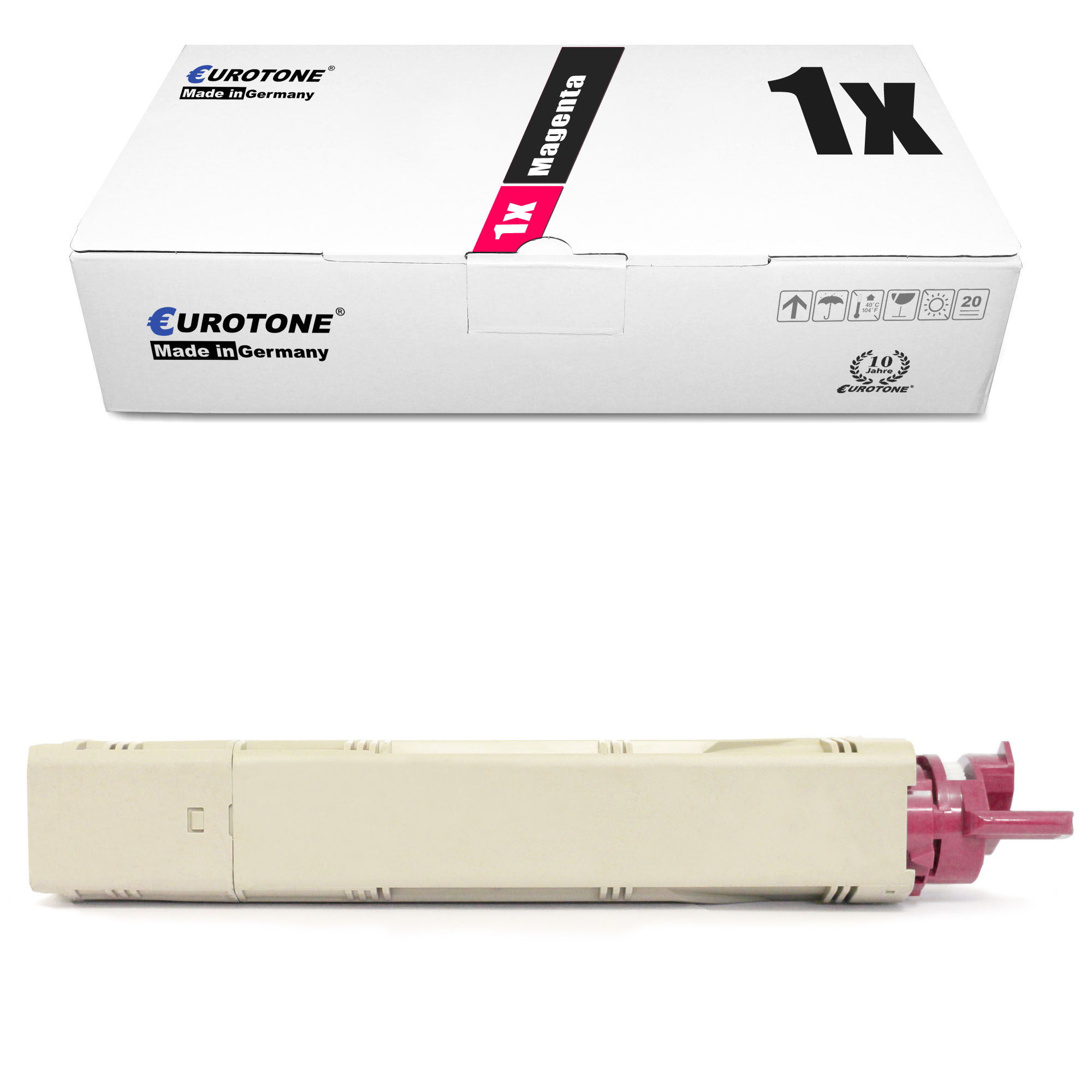 Magentarote Tintenpatrone vor einer Box mit schwarzem Text.