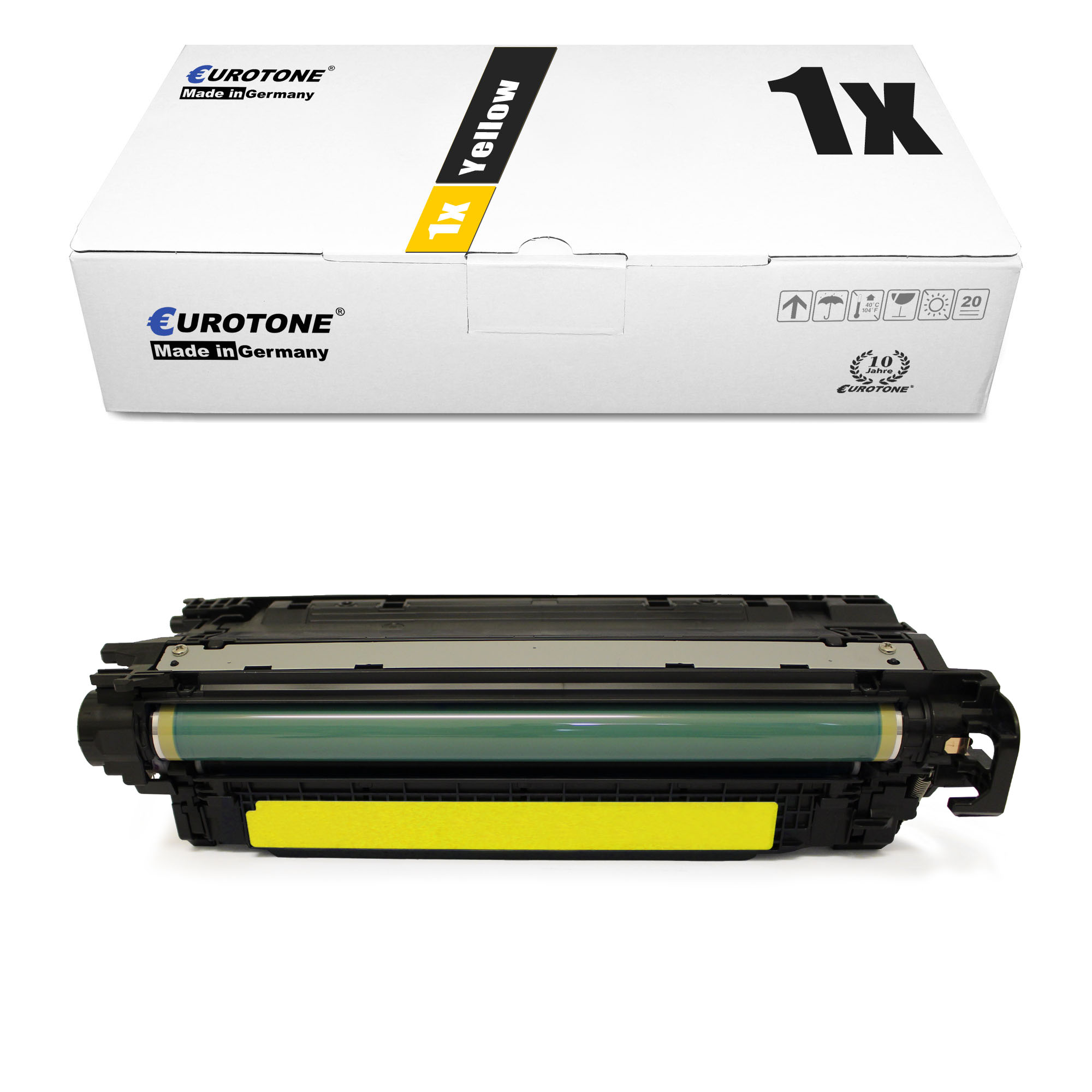 Gelbe Tonerkartusche und -box. Box hat 1x Gelber Text. Die Kartusche ist gelb und schwarz.