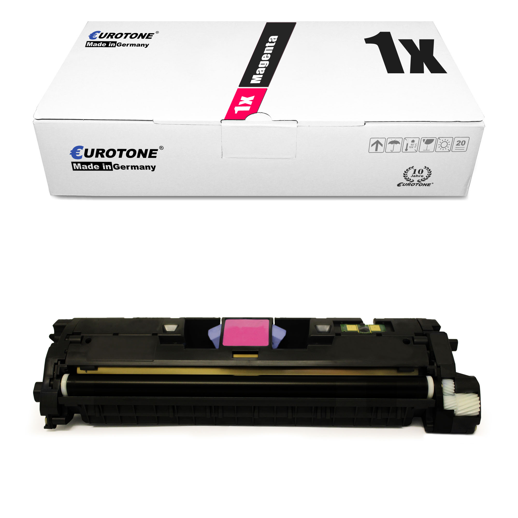 Weiße Box mit schwarzem Text und eine magentafarbene Tonerkartusche darunter. Die Patrone ist magenta.