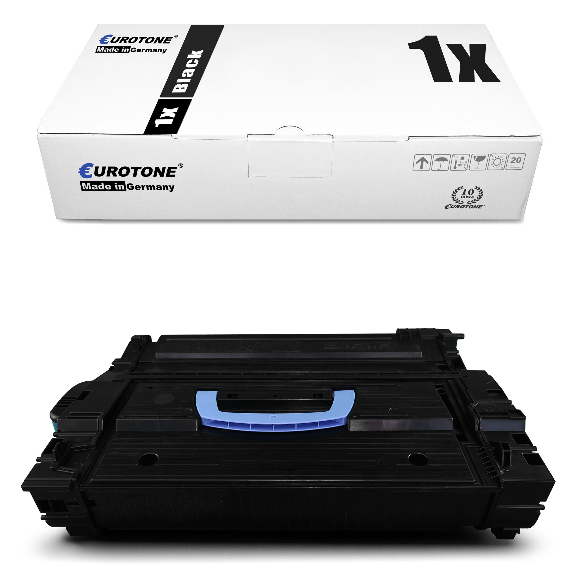 Weiße Box mit schwarzem Text und eine schwarze Tonerkartusche darunter. Die Patrone ist schwarz.