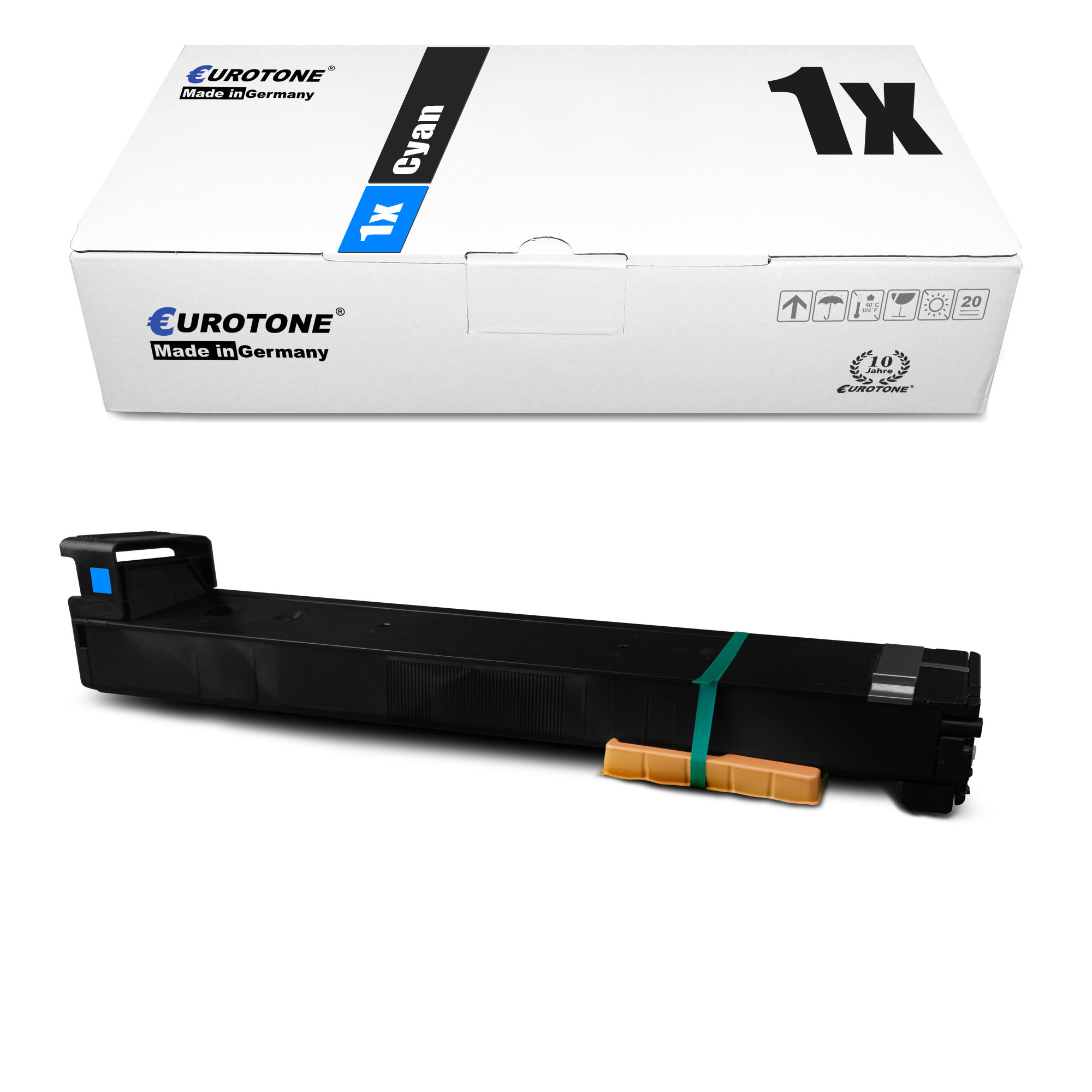 Weiße Box mit der Aufschrift '1x Cyan' und eine schwarze Tonerkartusche mit einem cyanfarbenen Teil im Inneren.