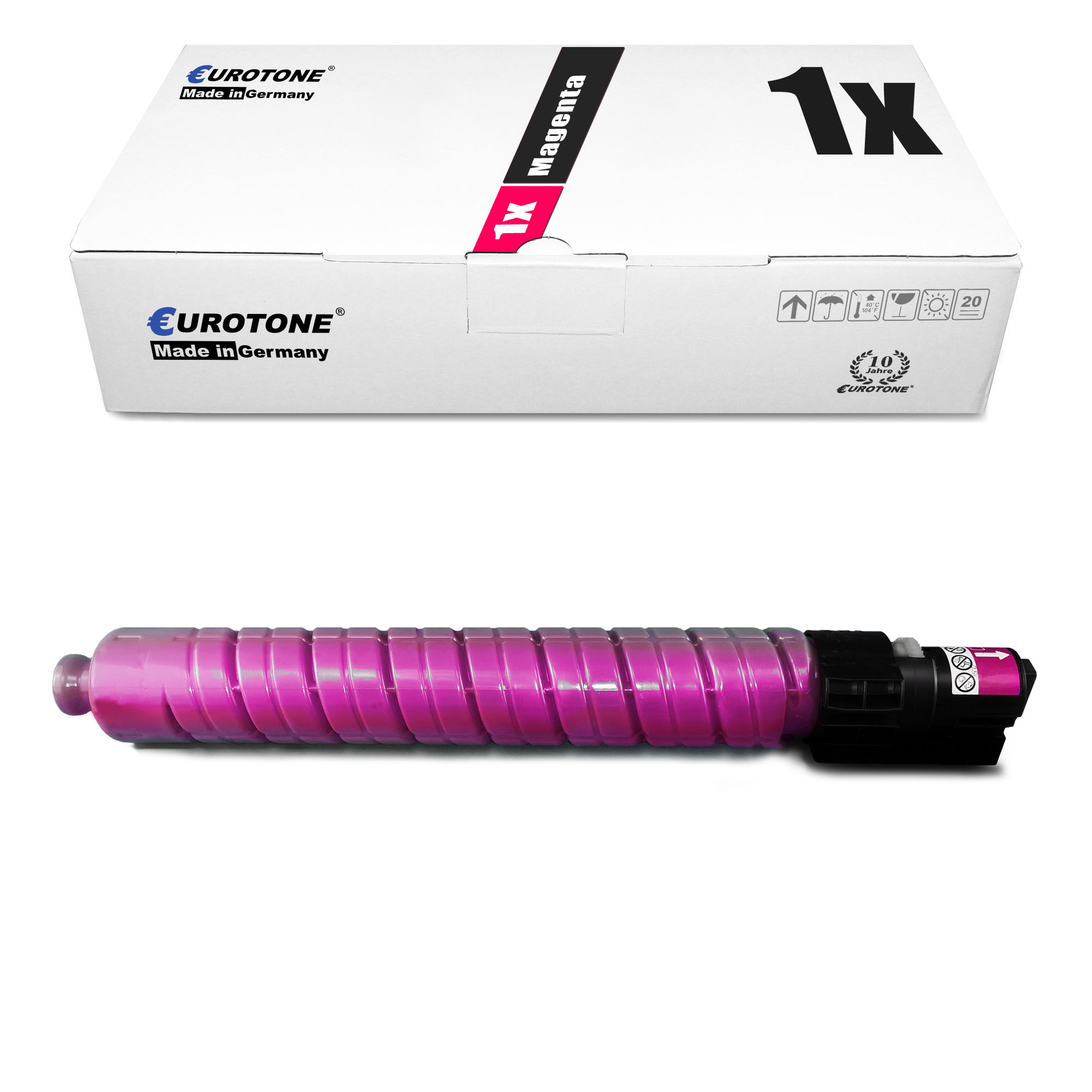 Magenta-Tonerkartusche und -karton. Auf dem Karton steht 'Magenta' und 'Made in Germany'.
