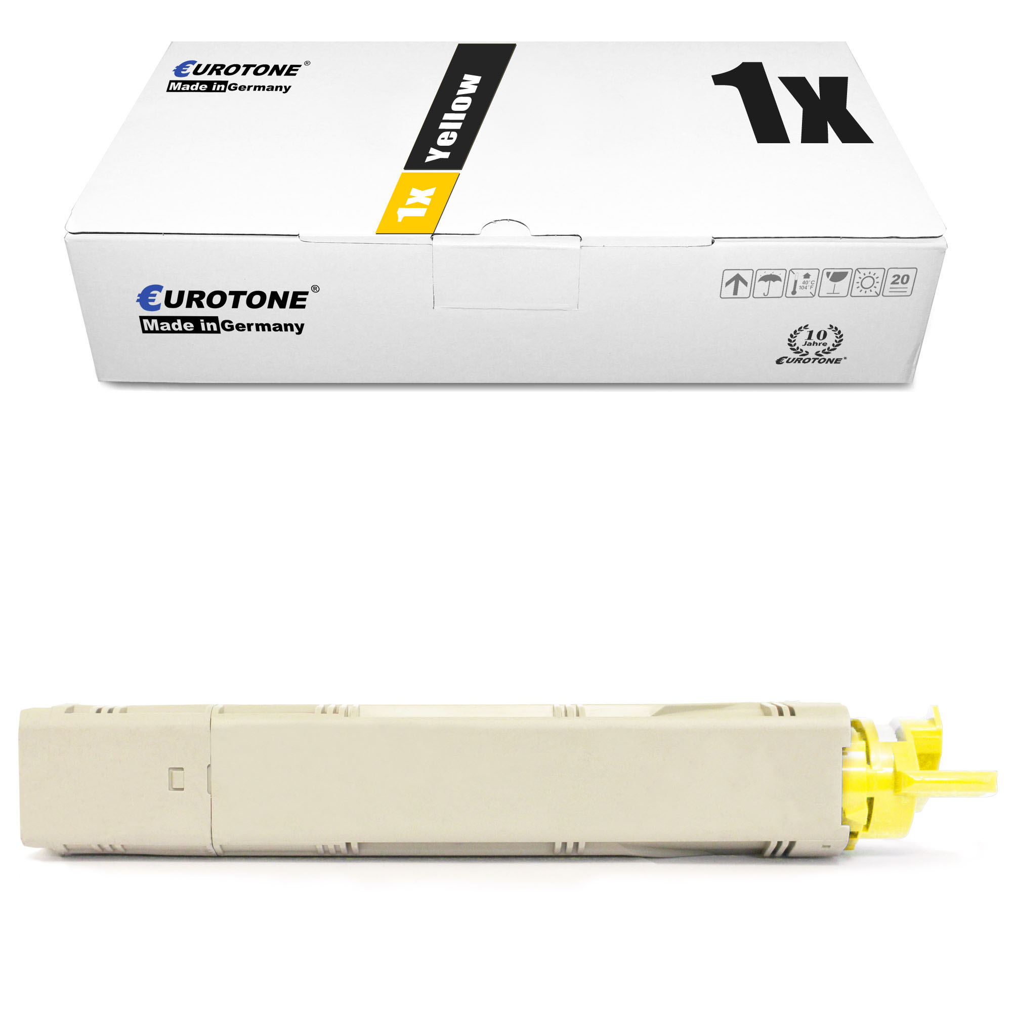 Eine gelbe Tintenpatrone mit weißer Box, beschriftet mit "1x Yellow" und "Made in Germany".