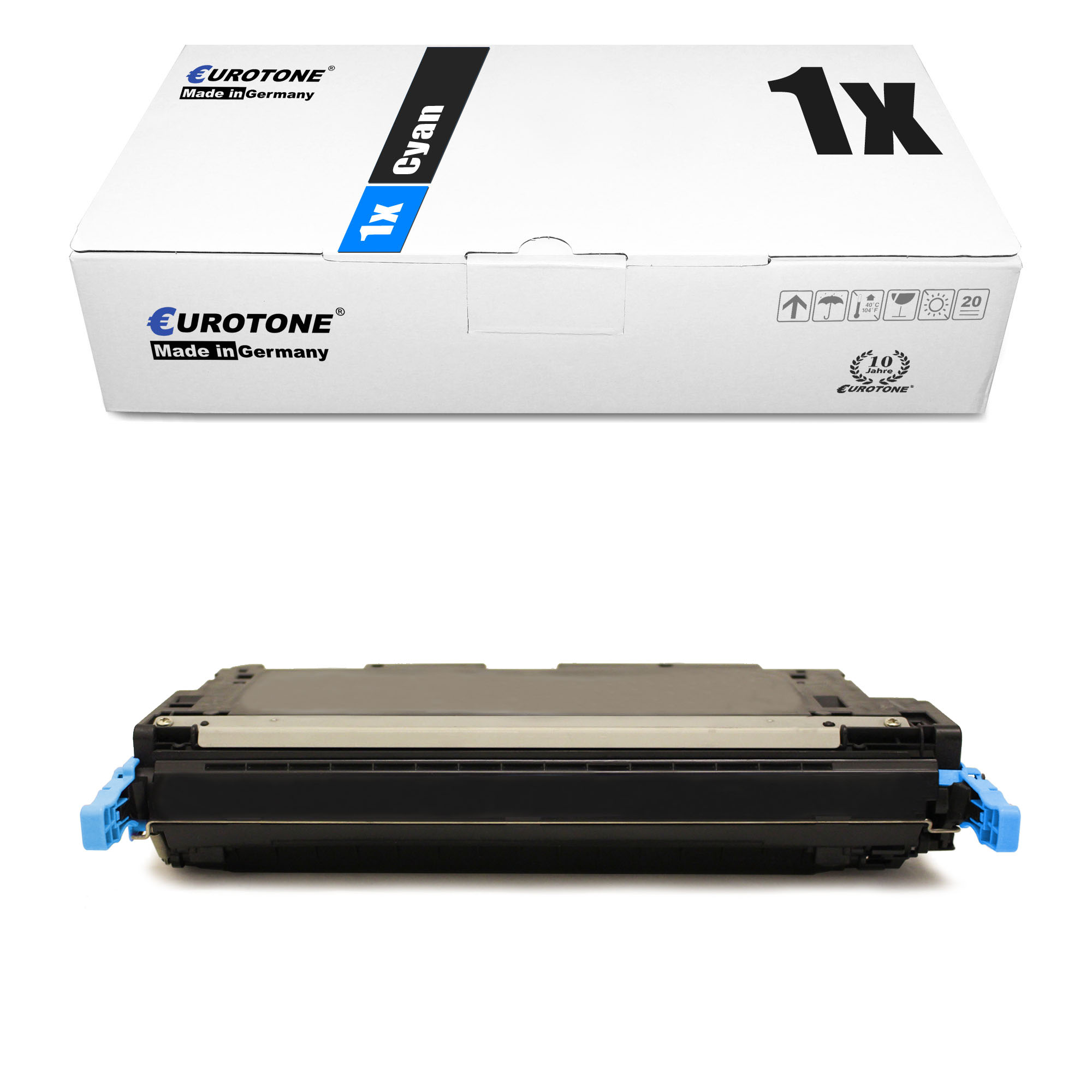Weiße Box mit schwarzem Text und eine cyanfarbene Tonerkartusche darunter. Die Patrone ist cyan.