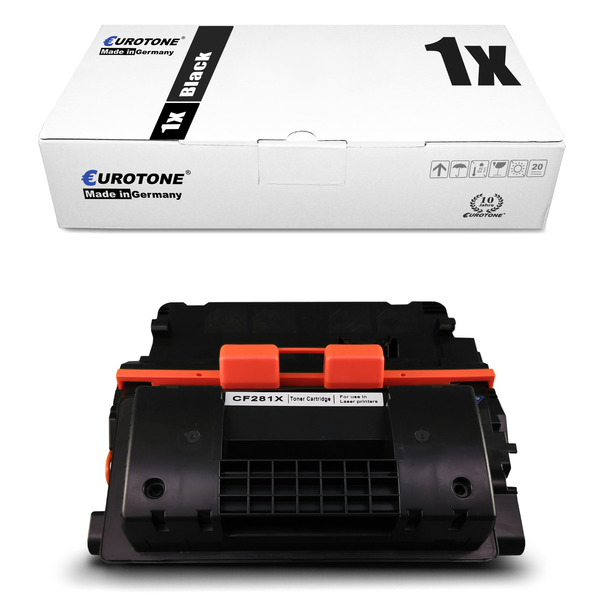 Eine schwarze Tonerkartusche mit weißer Box, beschriftet mit "1x Black" und "Made in Germany".