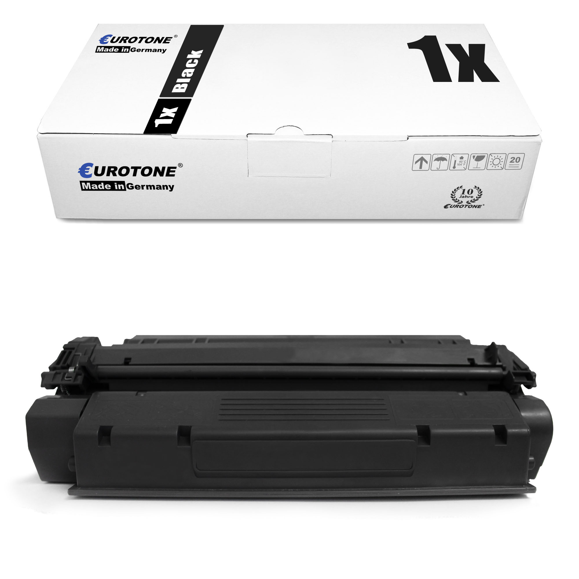 Weiße Box mit der Aufschrift '1x Black' und eine schwarze Tonerkartusche, für einen Drucker konzipiert.
