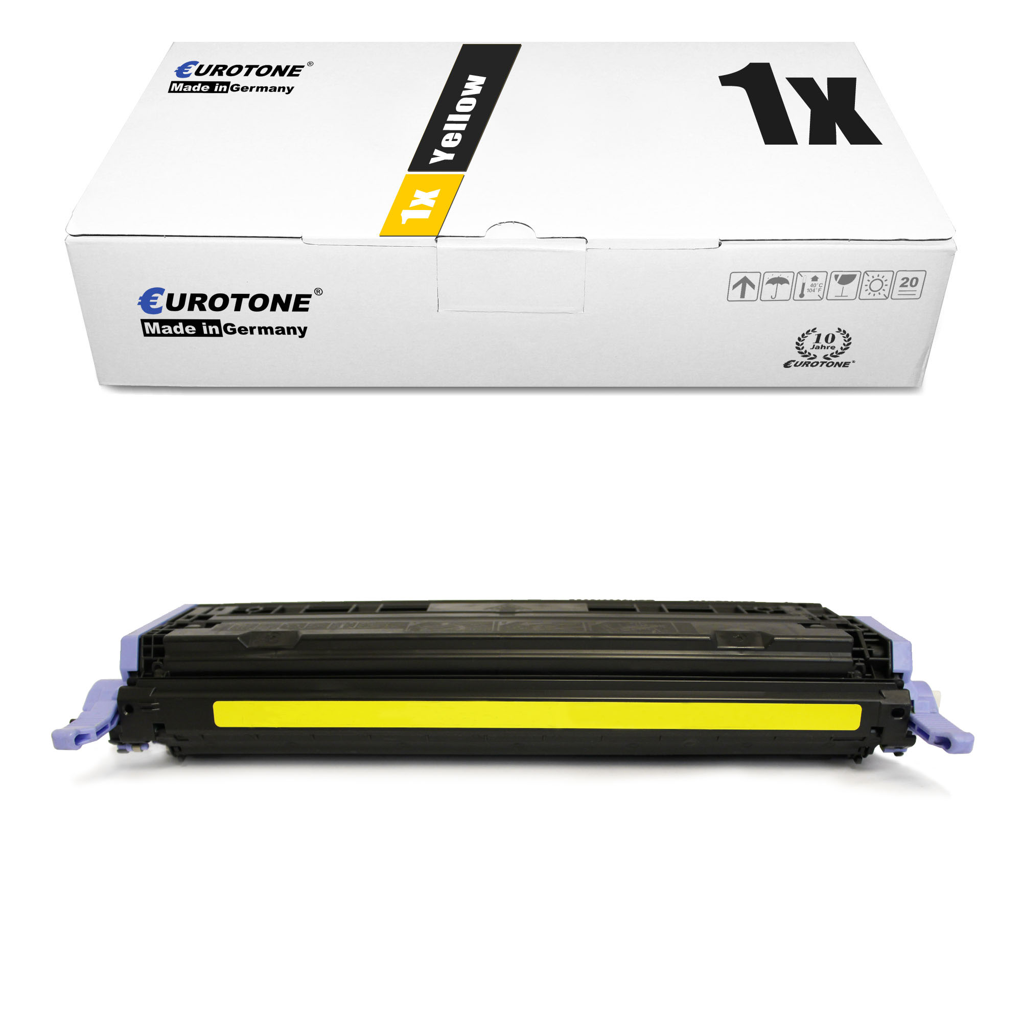 Gelbe Tonerkartuschenbox und -kartusche, weißer Hintergrund. Auf der Box steht Eurotone, 1x Yellow.