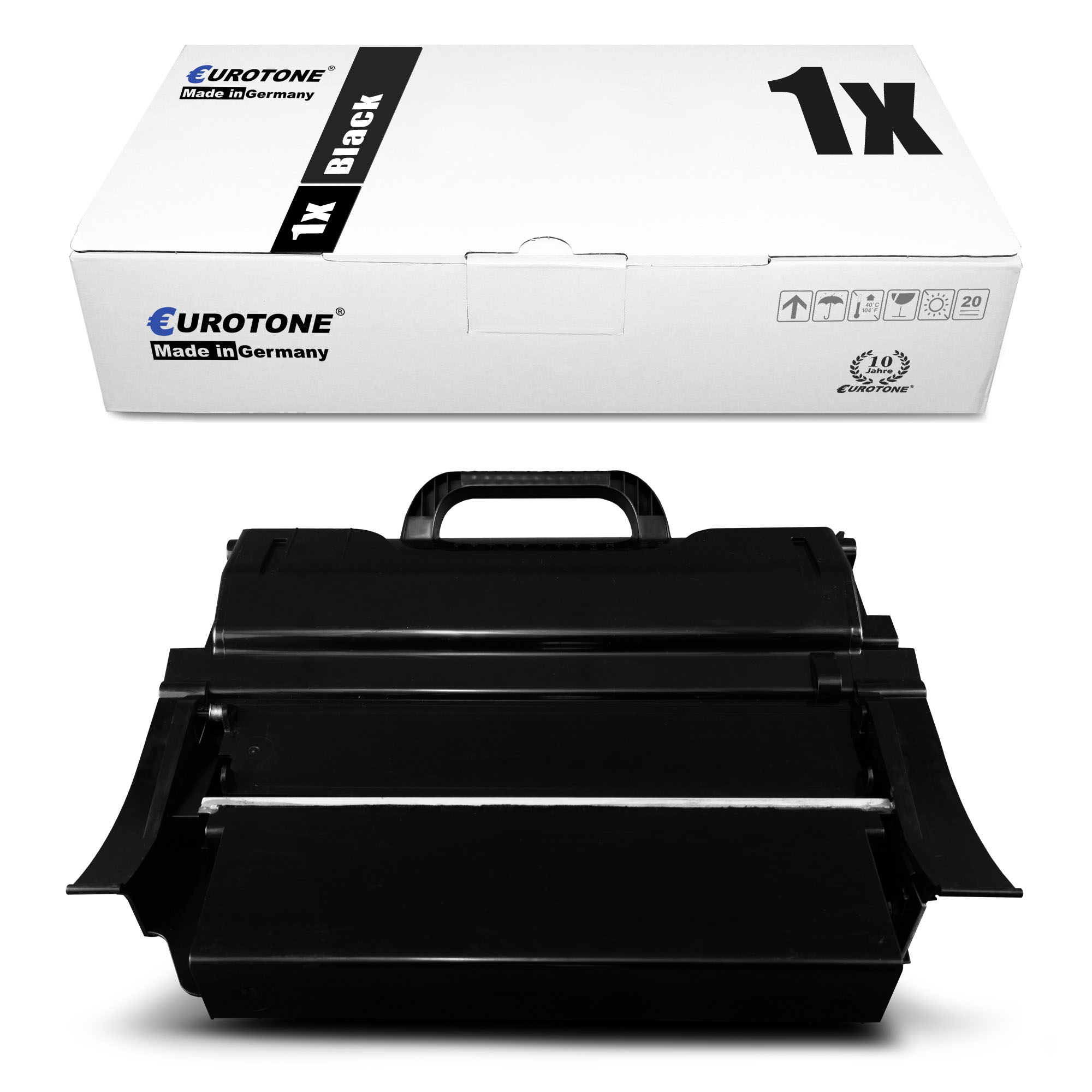 Schwarze Tintenpatrone und -box. Box: Eurotone, Schwarz, 1x. Patrone: schwarz.