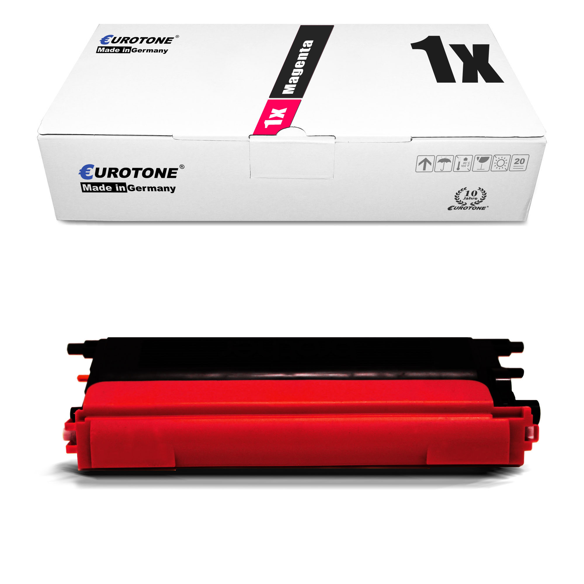 Eine magenta Tintenpatrone mit weißer Schachtel der Marke EUROTONE. Die Schachtel hat ein 1x Magenta Etikett.