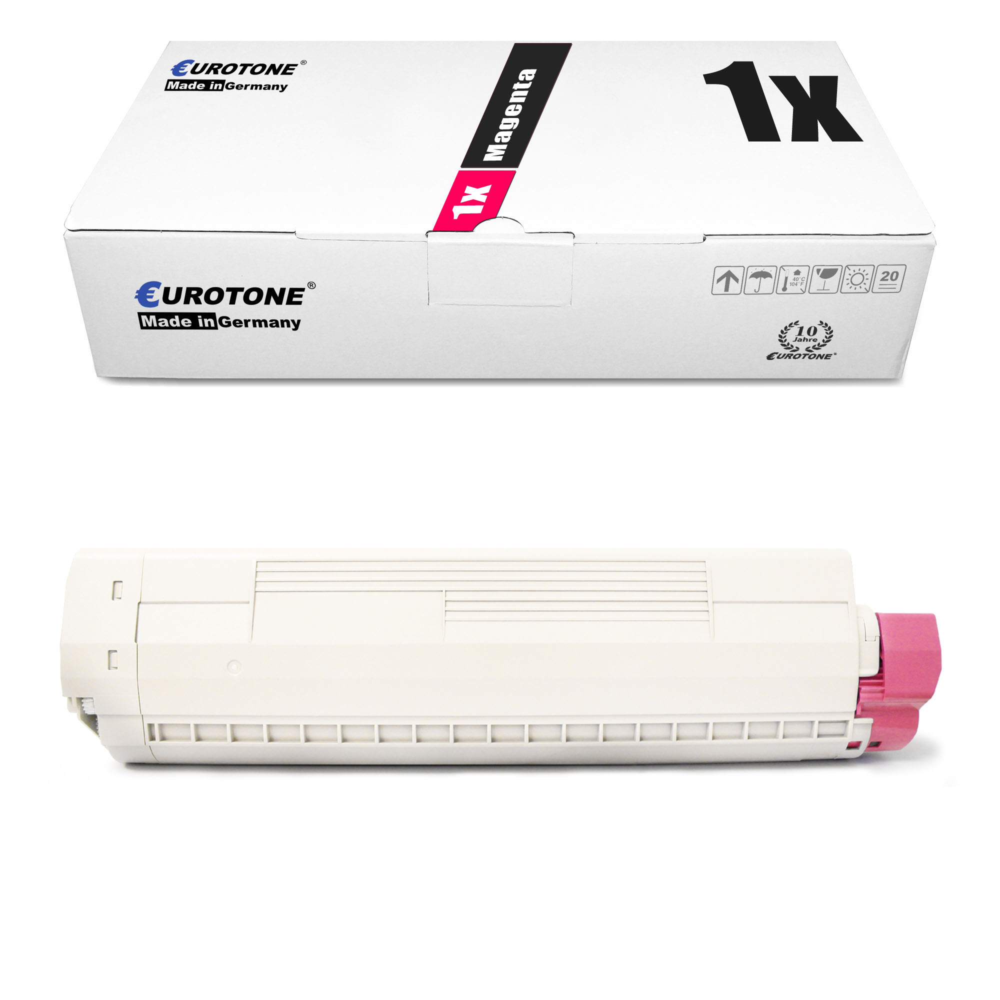 Weiße Box mit 'EUROTONE' und '1x Magenta'. Darunter eine weiße und pinke Tintenpatrone.