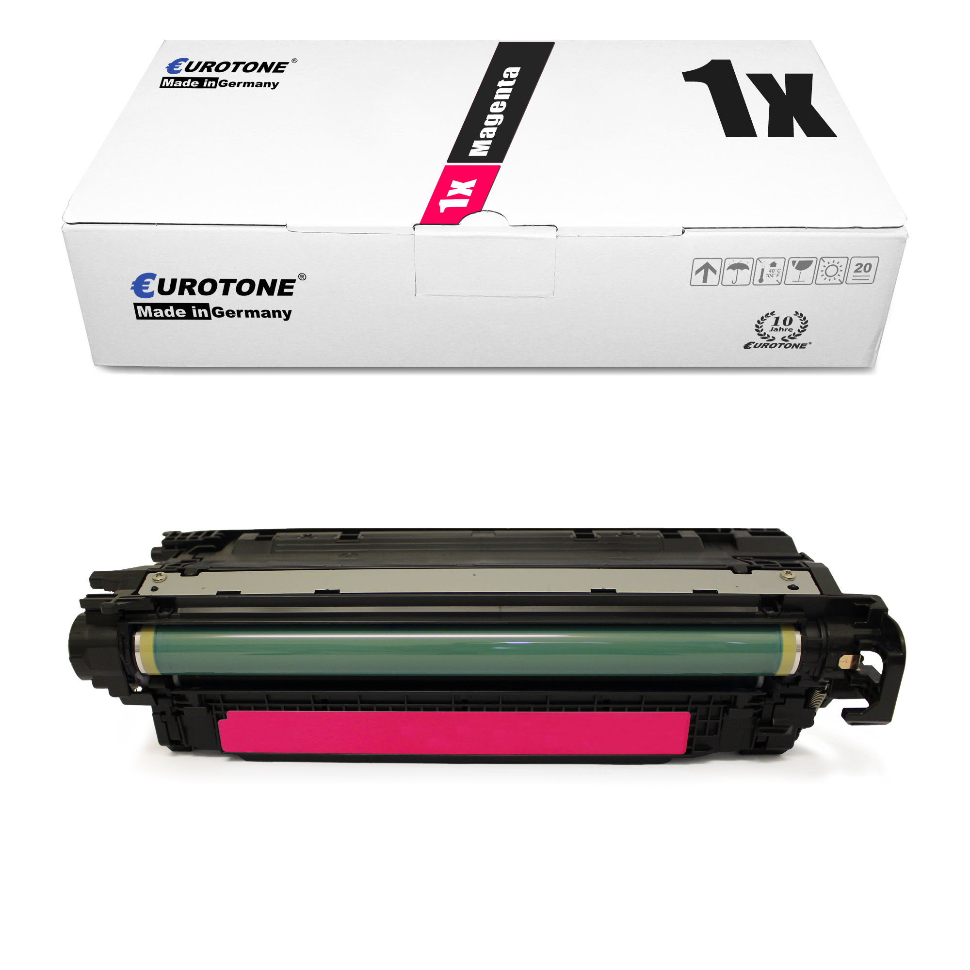 Magenta-Tonerkartusche und -Box. Auf der Box steht 1x Magenta, Eurotone, Made in Germany. Die Patrone ist magenta.