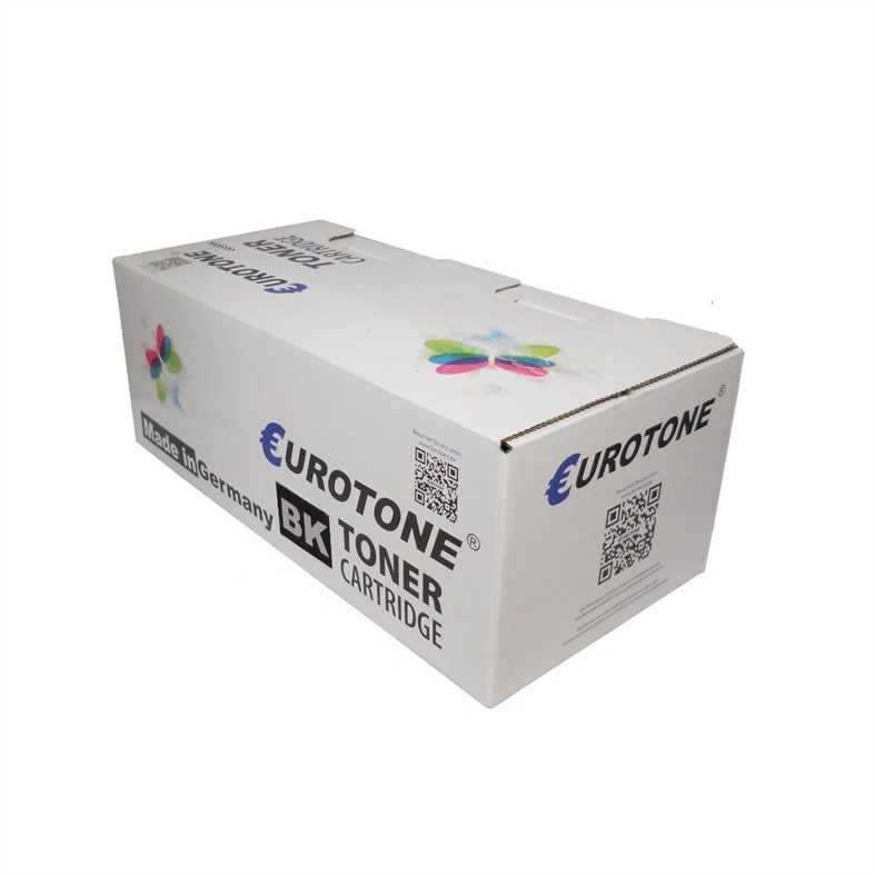 Weiße Box mit 'Eutotone'- und 'BK Toner Cartridge'-Text. QR-Codes und Blumendesigns.