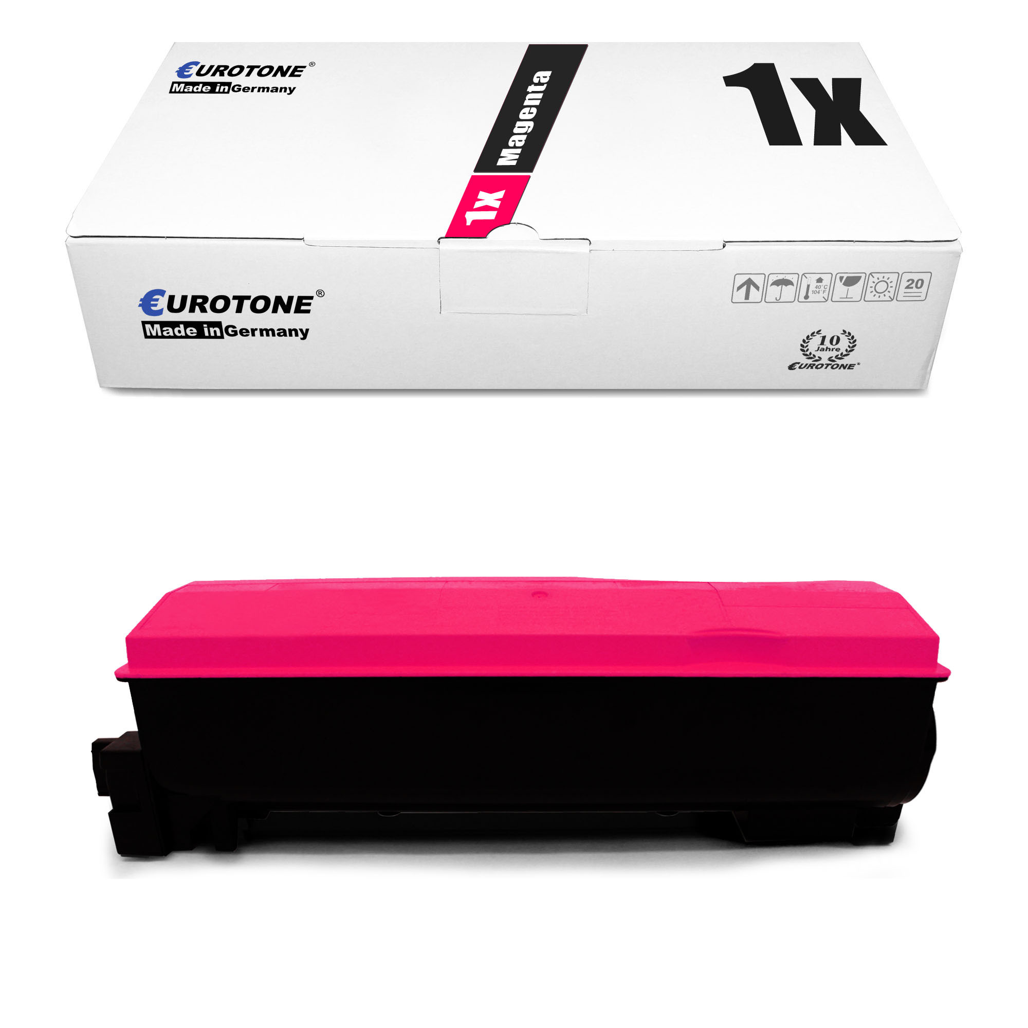 Magentarote Tintenpatrone und -box. Box: Eurotone, Magenta, 1x. Patrone: magenta und schwarz.