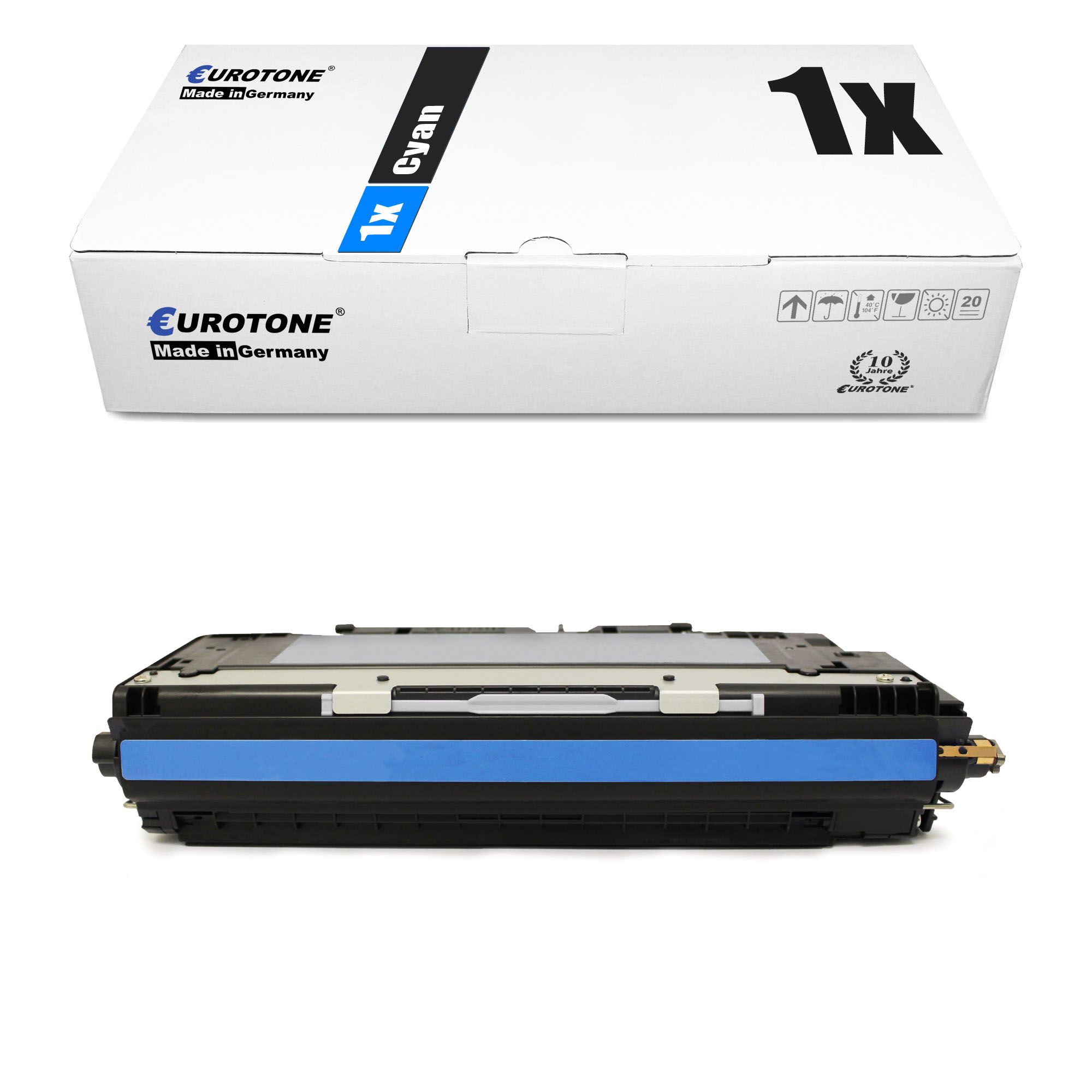 Cyan-Tonerkartusche und eine weiße Box. Die Box sagt 'Cyan'.