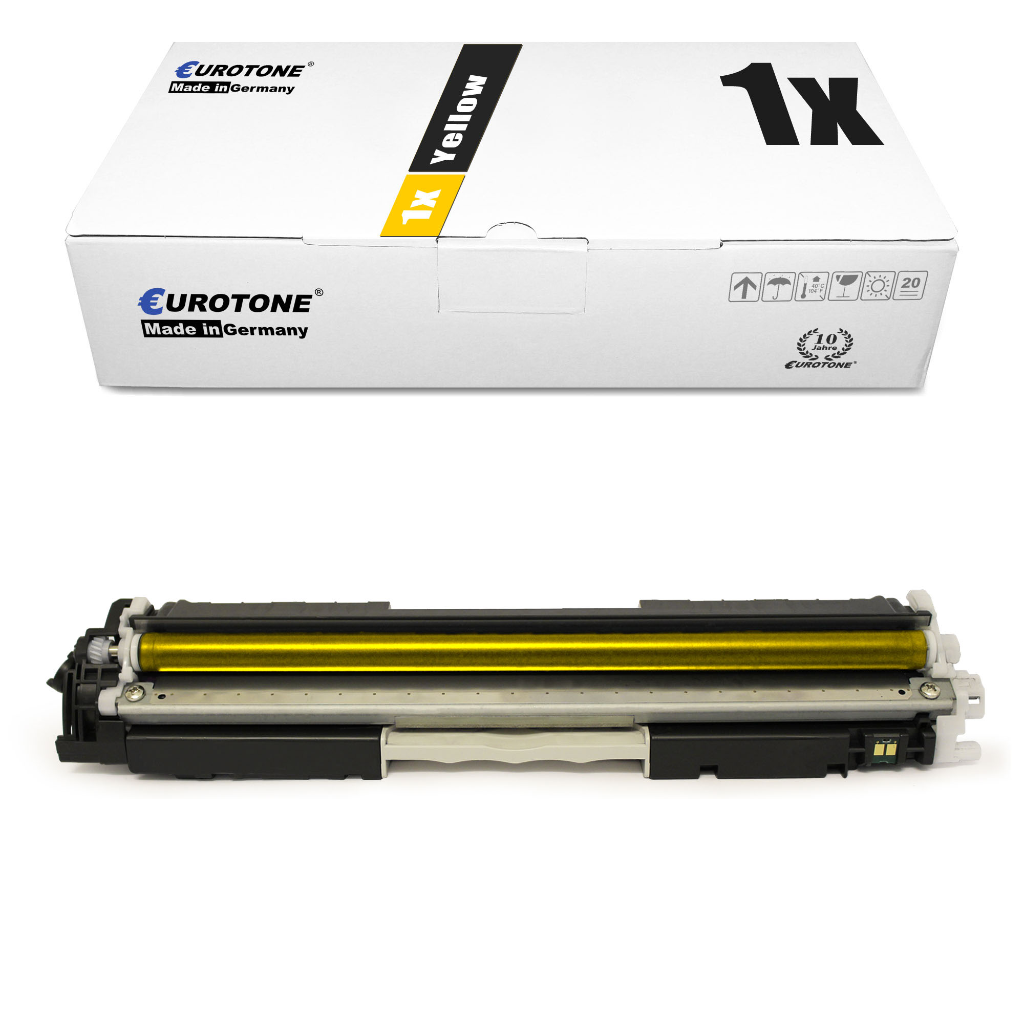 Weiße Box mit der Aufschrift '1x Yellow' und eine gelbe Tonerkartusche mit einer gelben Trommel im Inneren.
