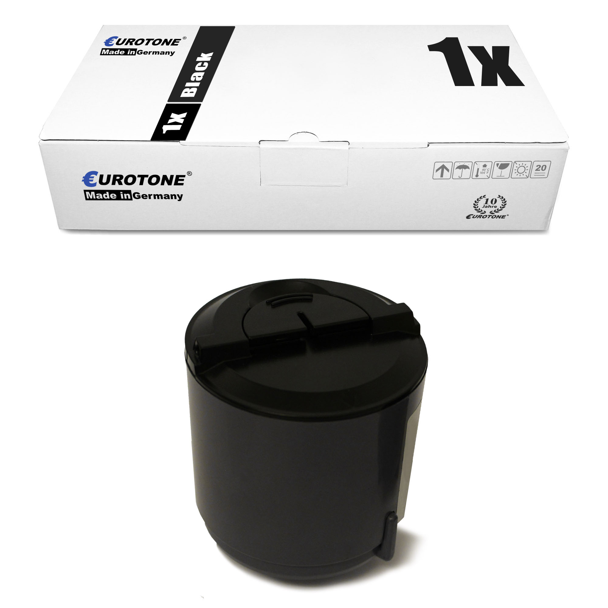 Schwarze Tintenpatrone und Box. Die Box zeigt "1x Black" und Eurotone-Branding.