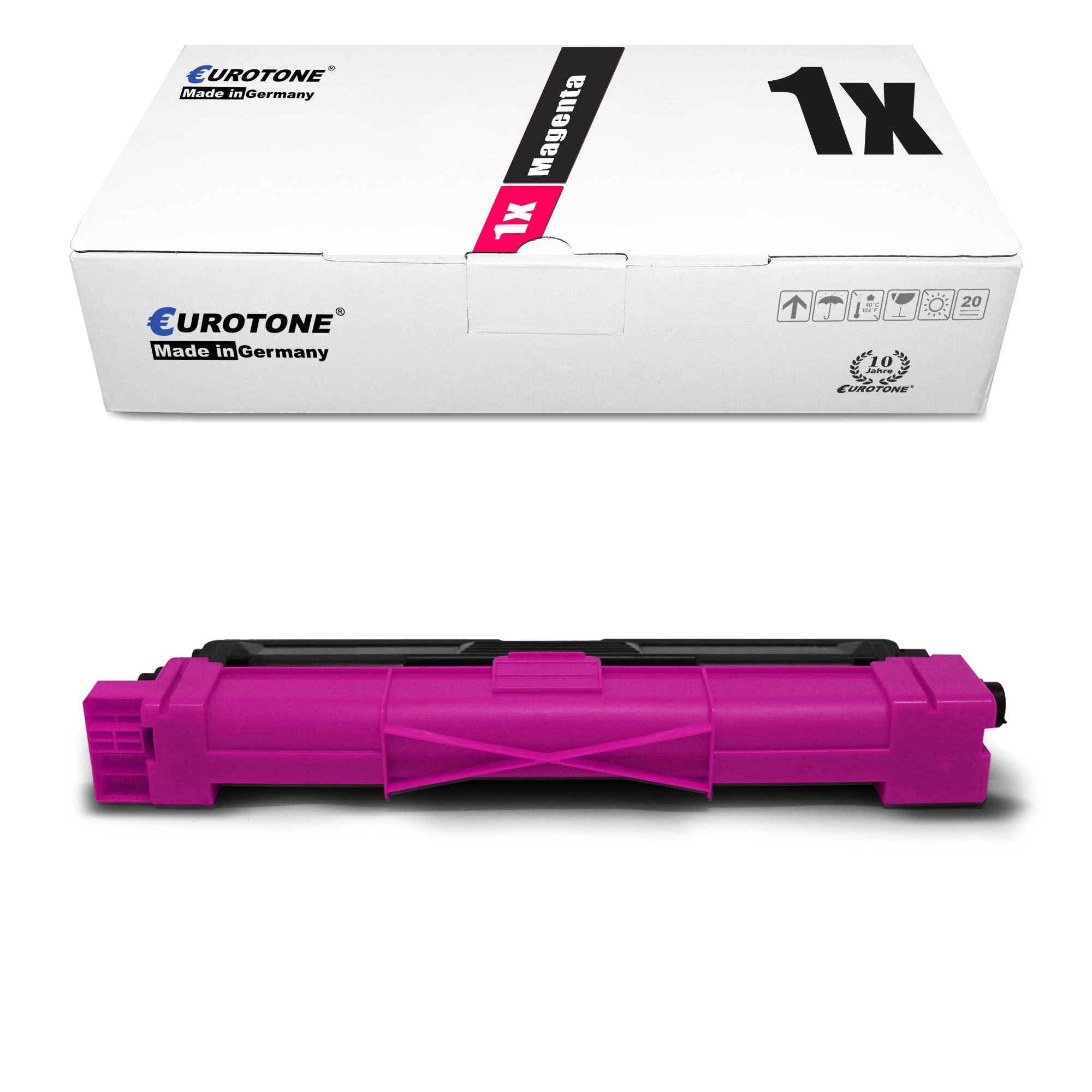 Magenta-Tintenpatrone und ihre Box. Die Box ist weiß, mit schwarzem Text. Die Patrone ist magenta.