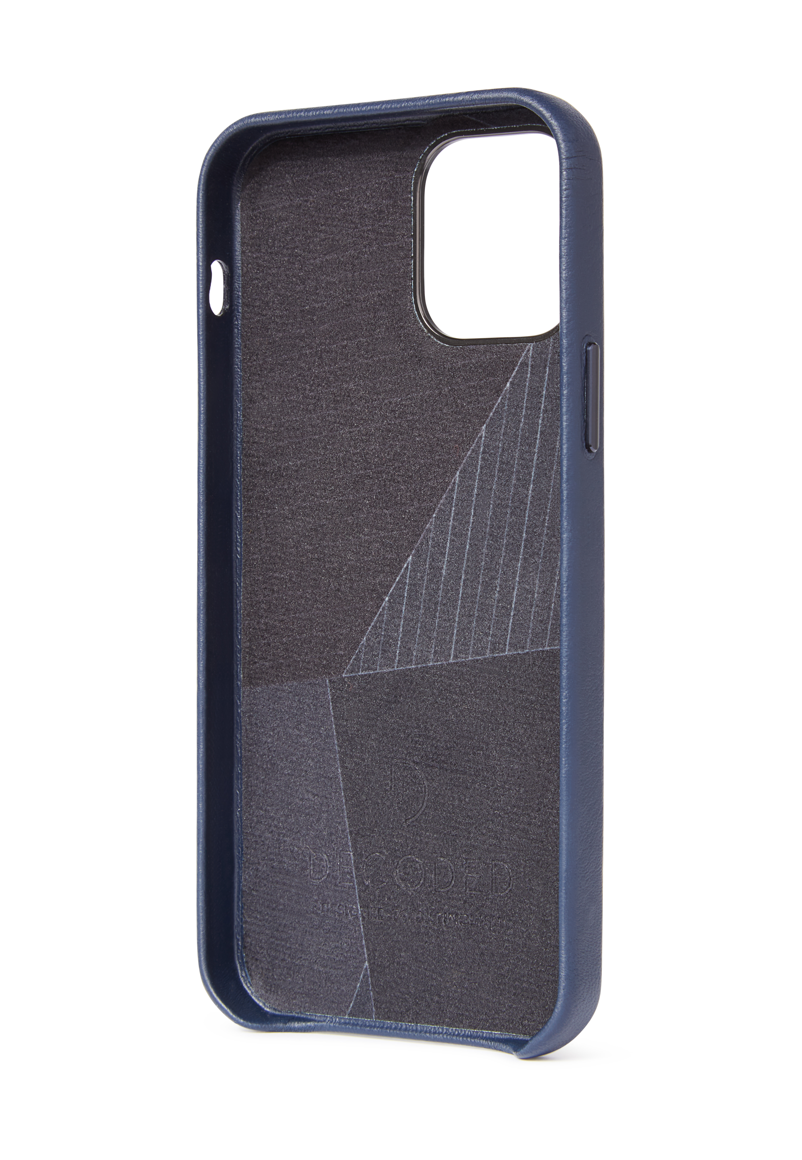 Custodia per telefono blu con esterno strutturato, che mostra il design interno e il profilo laterale.