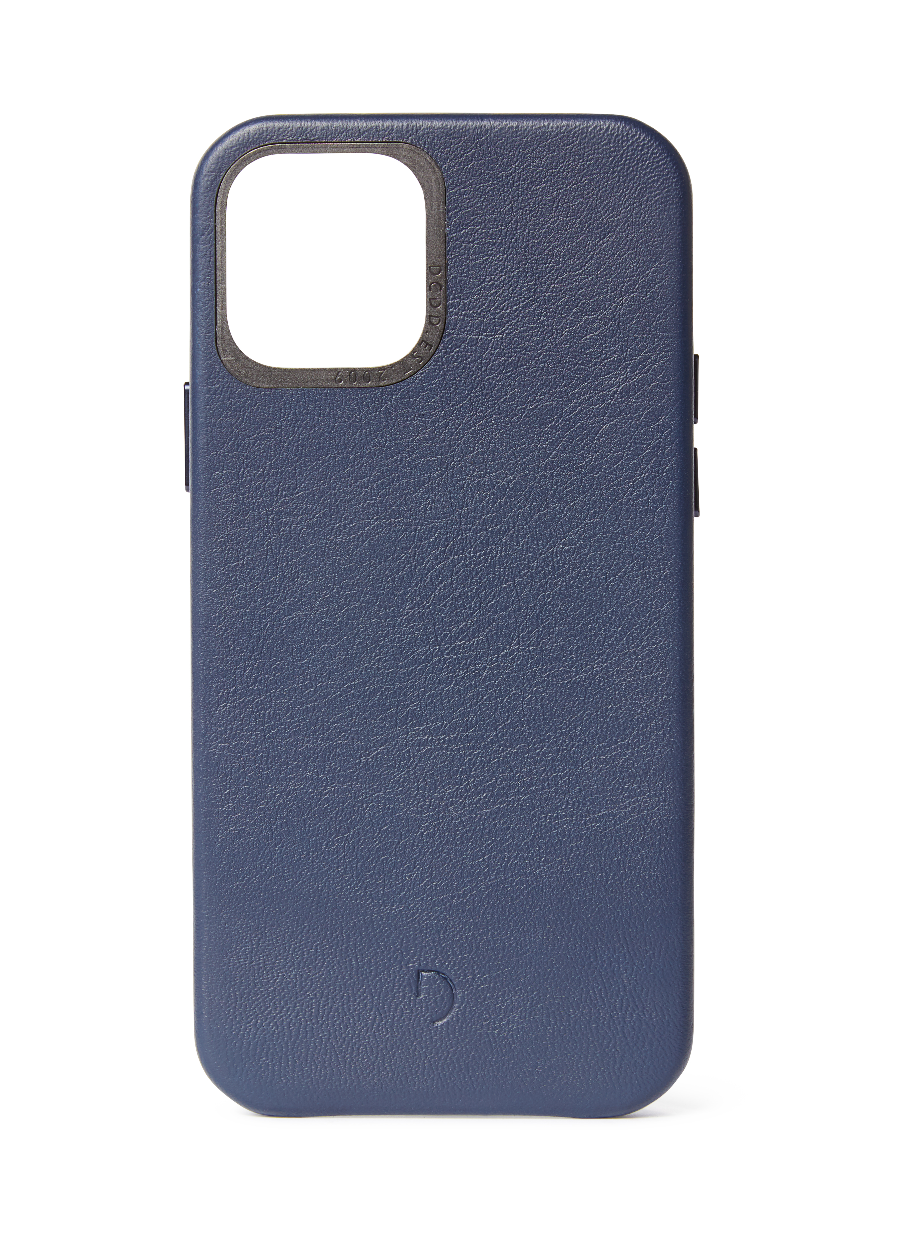 Custodia blu per telefono con intaglio fotocamera. Superficie strutturata e piccolo logo.