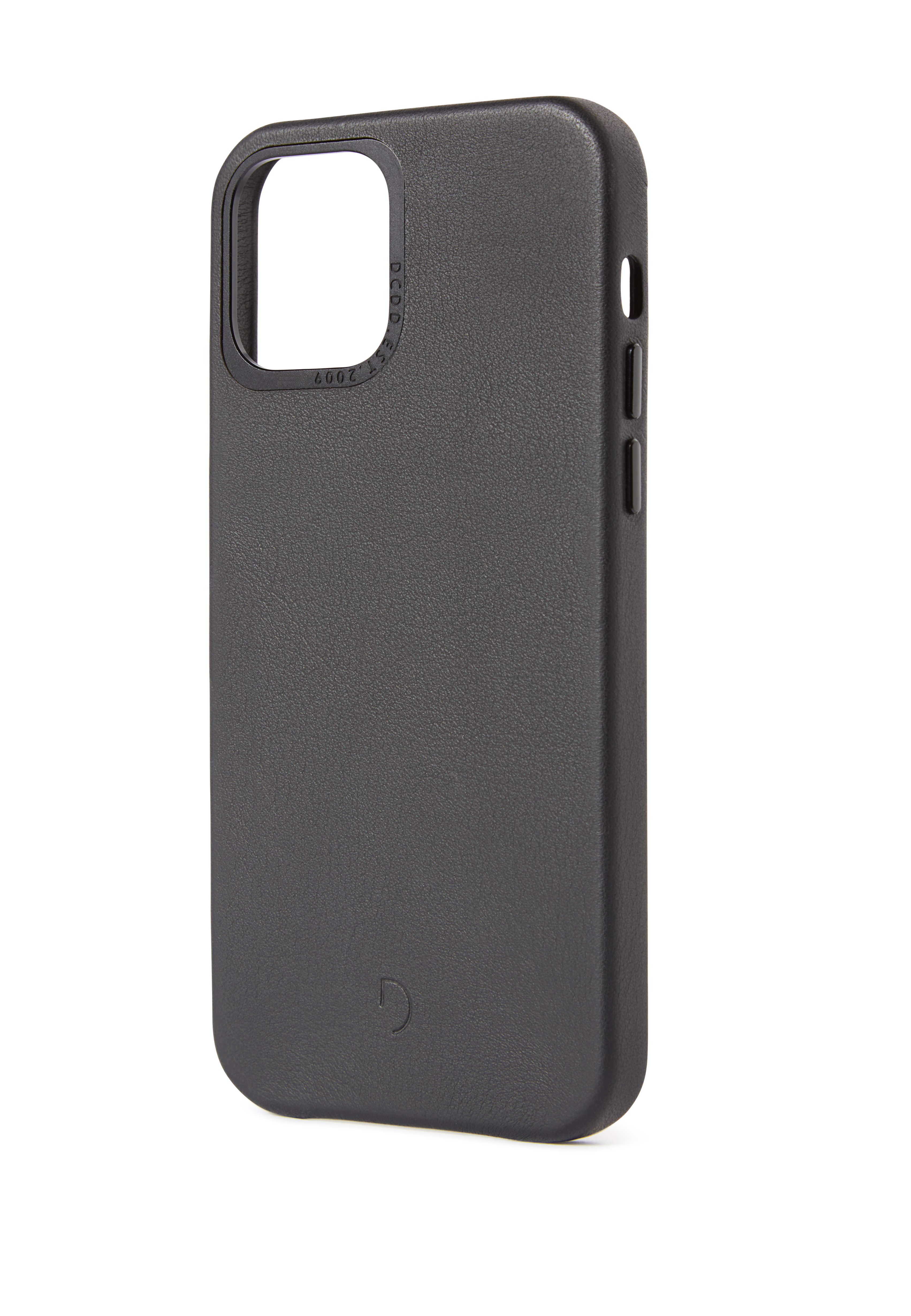 Una custodia per telefono nera con una superficie liscia e strutturata e un ritaglio per la fotocamera.
