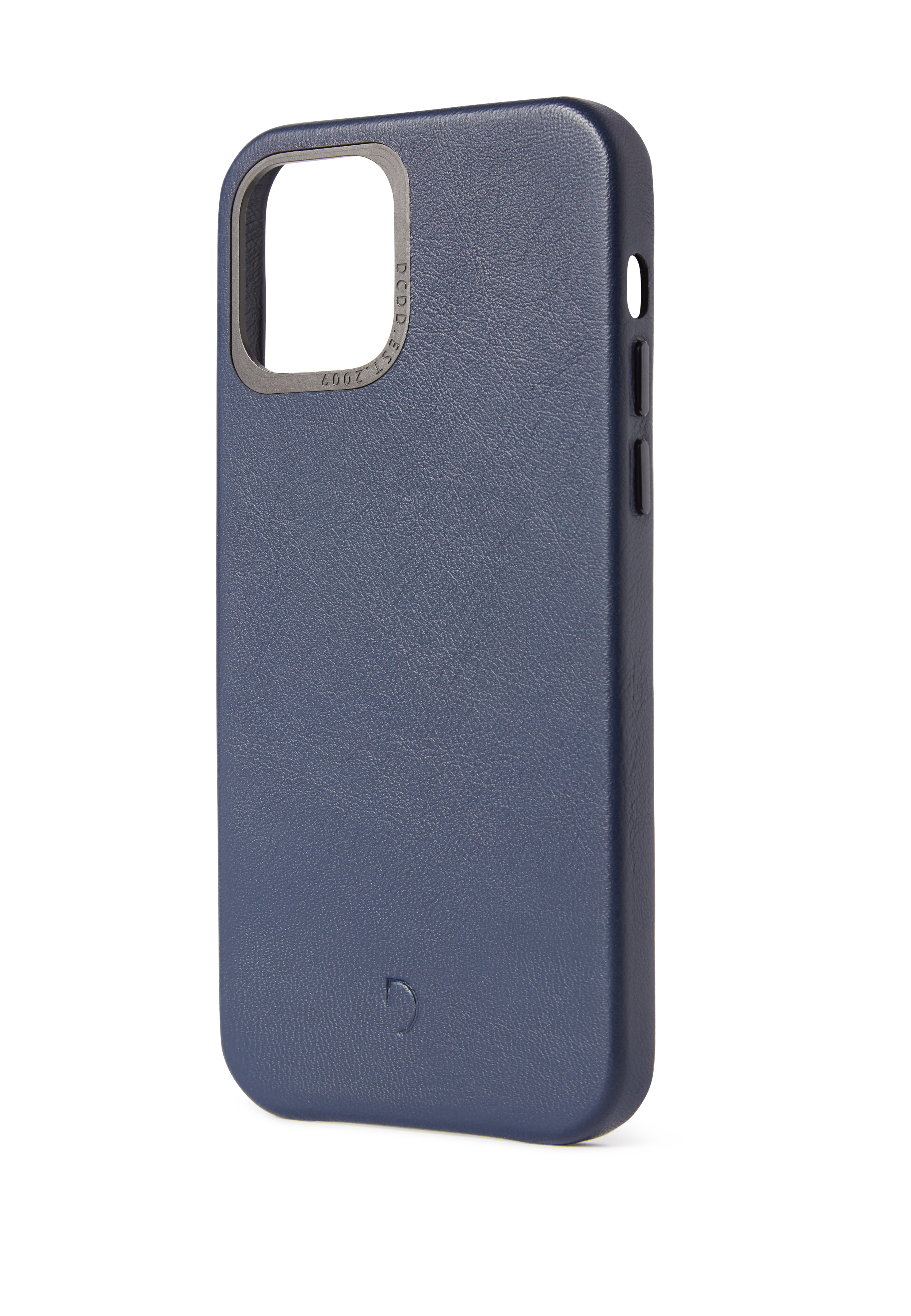 Custodia per telefono blu navy. Ha un'apertura per la fotocamera e pulsanti visibili sul lato.