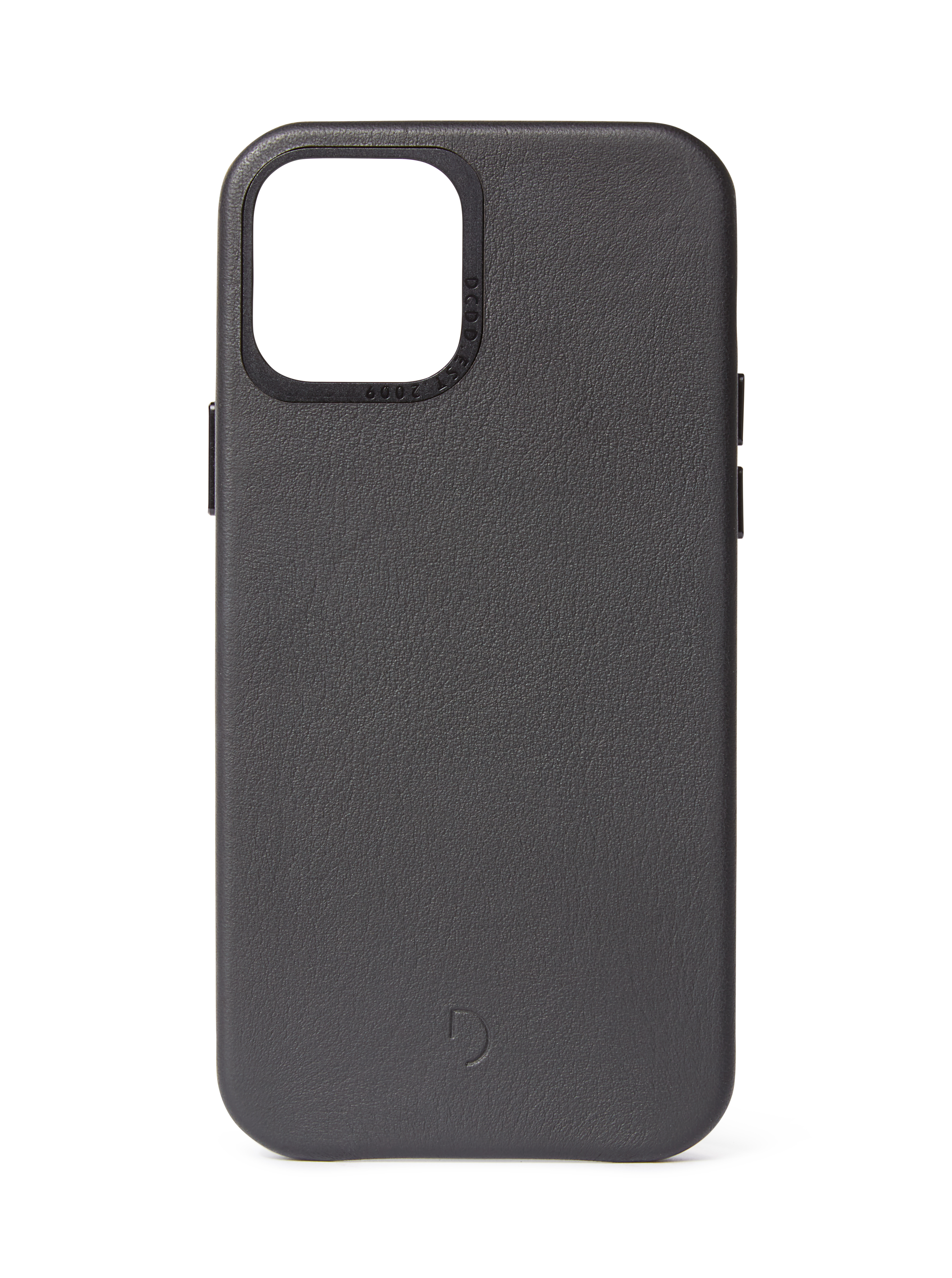 Custodia per telefono grigio scuro con ritaglio per fotocamera e pulsanti rialzati. Su sfondo bianco.