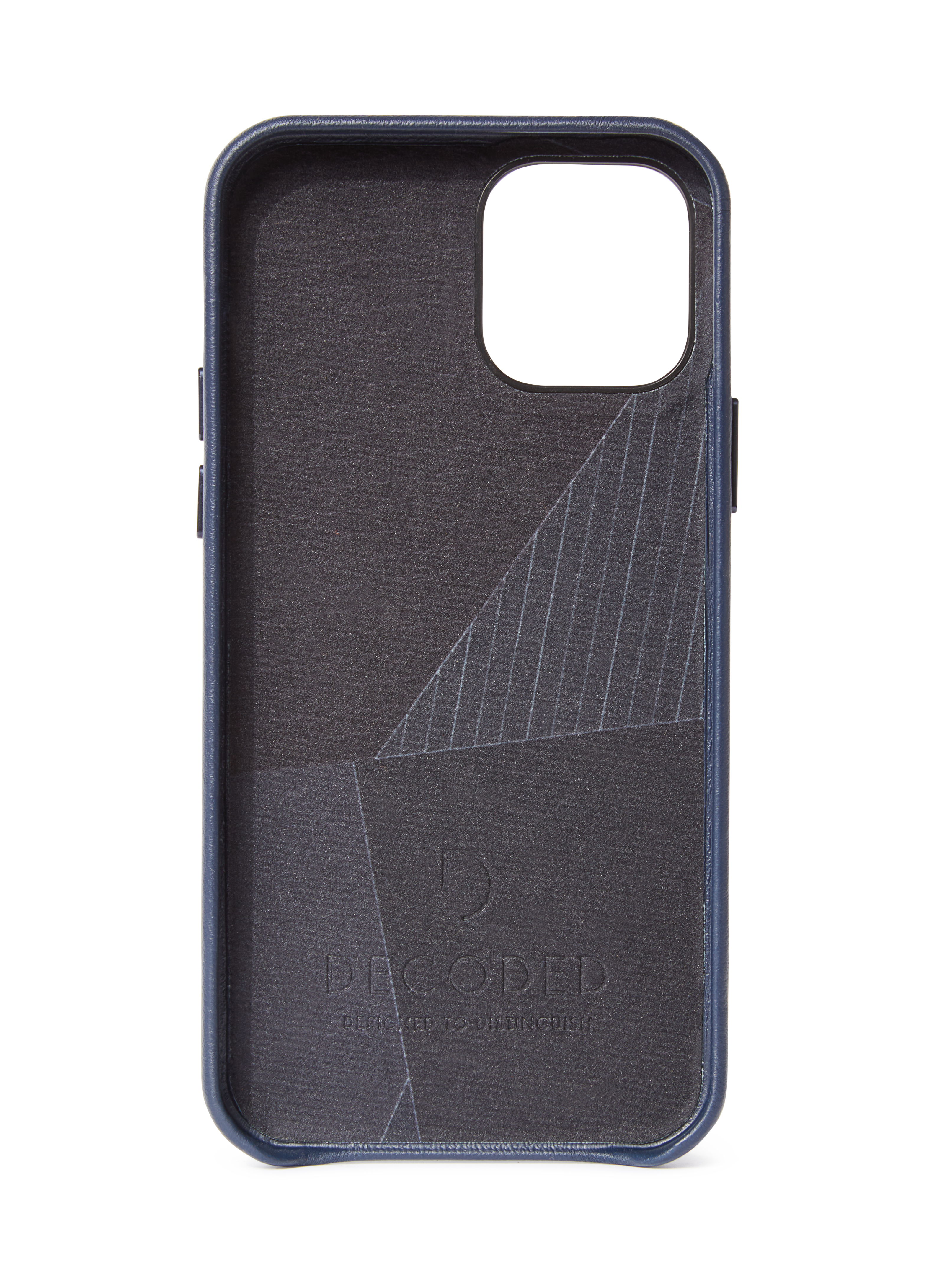 Interno di una custodia per telefono con interno nero, cornice blu e il marchio DECODED.