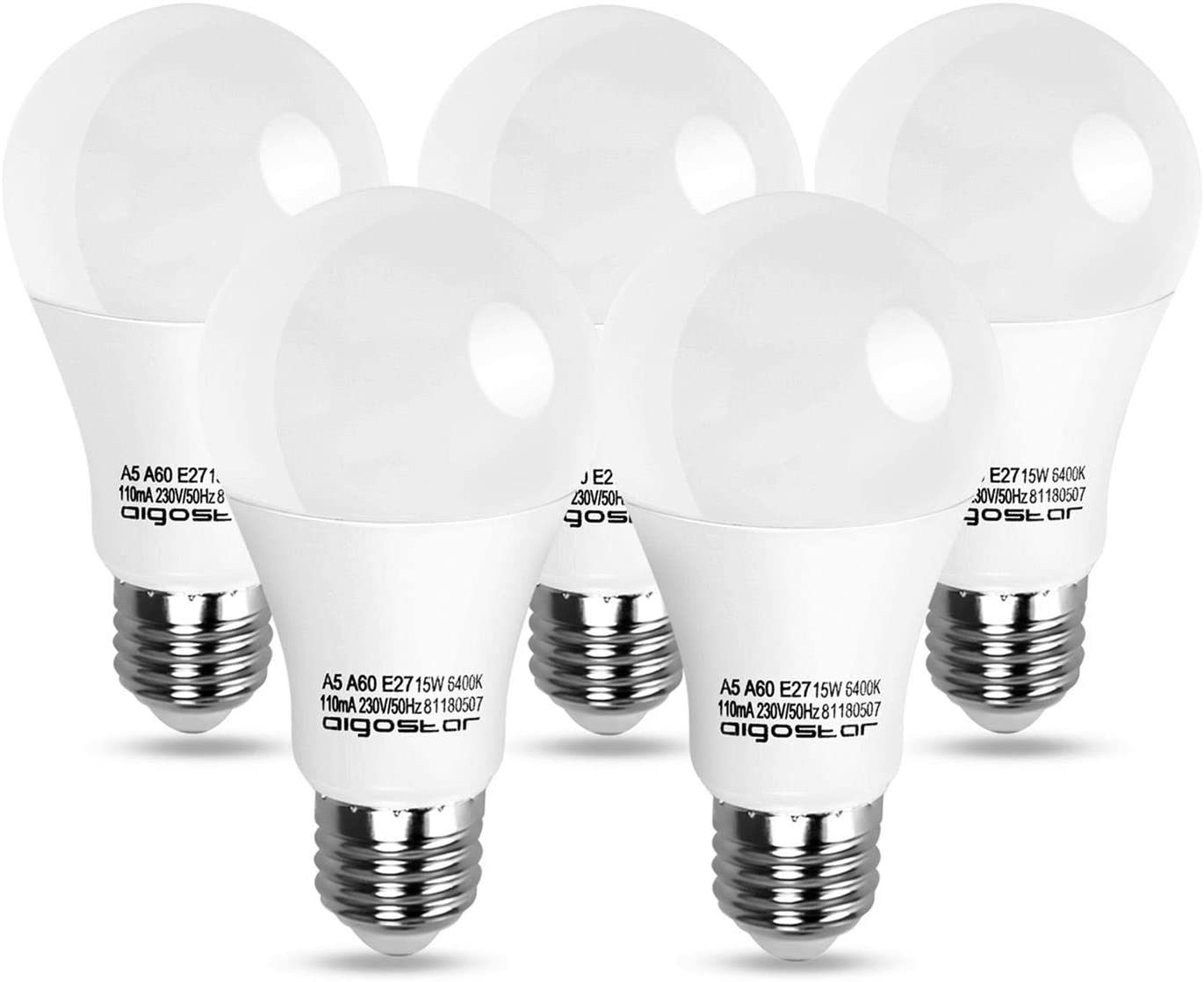 Cinque lampadine a LED bianche con base E27 in piedi una accanto all'altra.