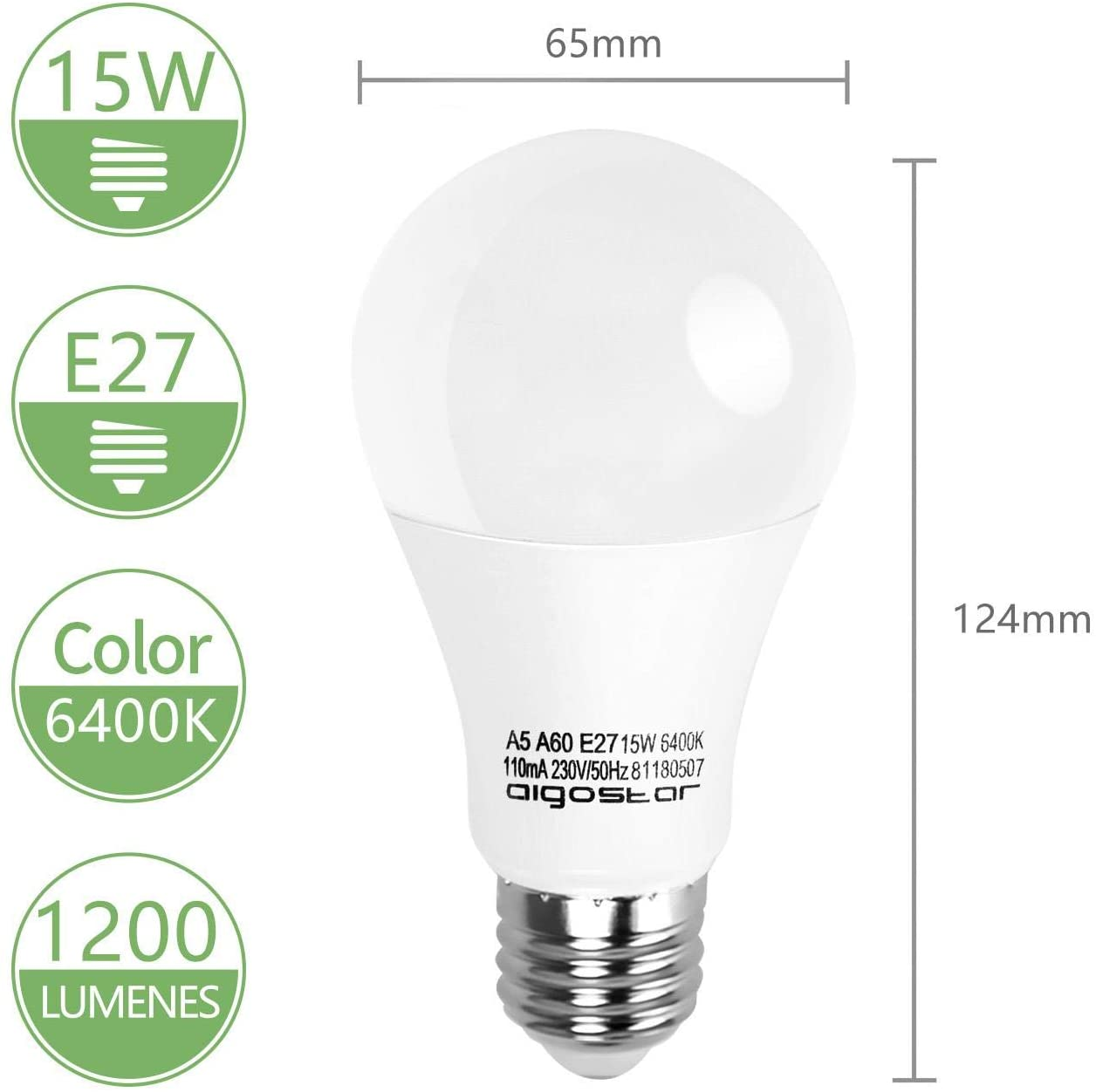 Una lampadina LED bianca con attacco E27, 15W, 6400K, 1200 lumen.