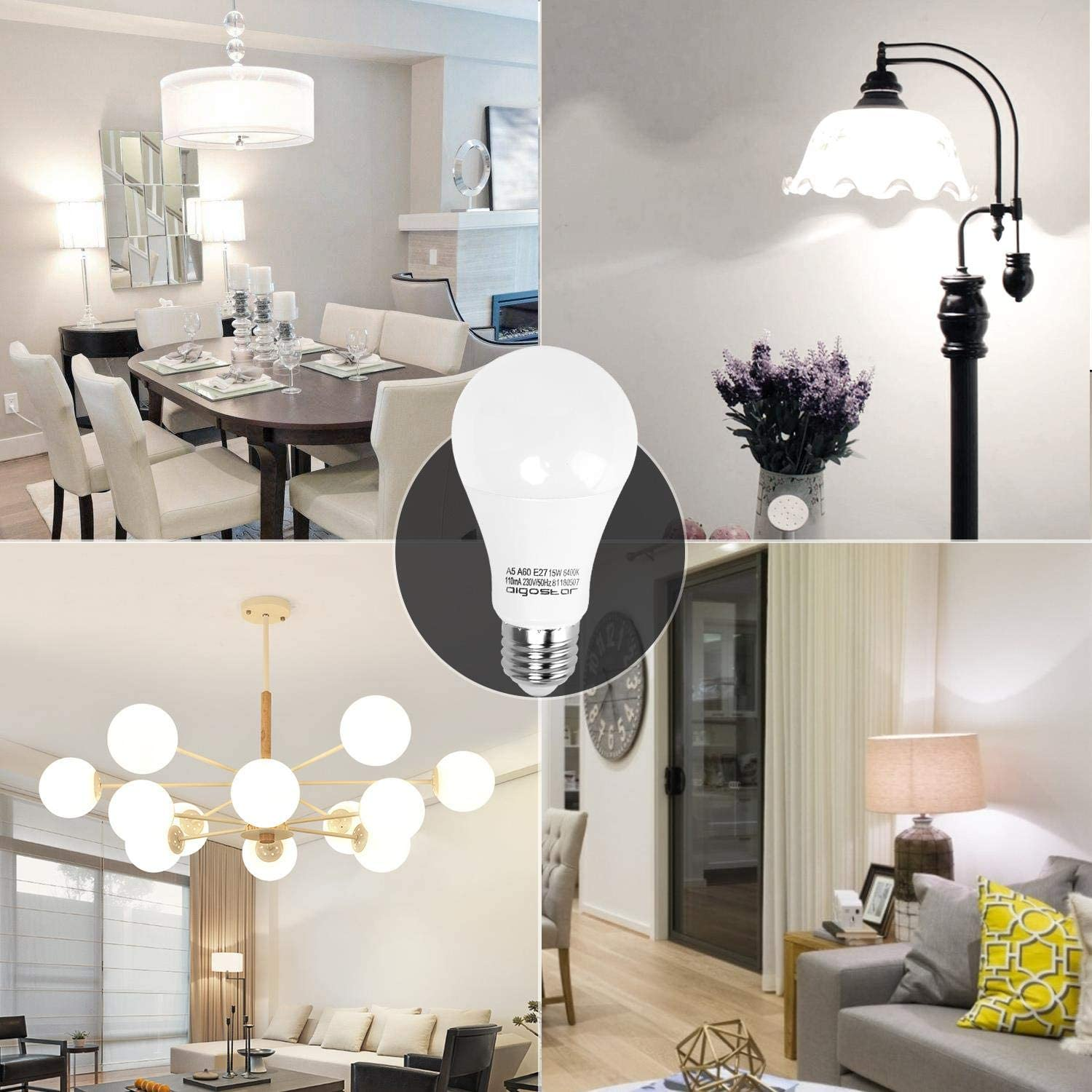 Collage di quattro scene domestiche: sala da pranzo, lampada da terra, lampadario e soggiorno.