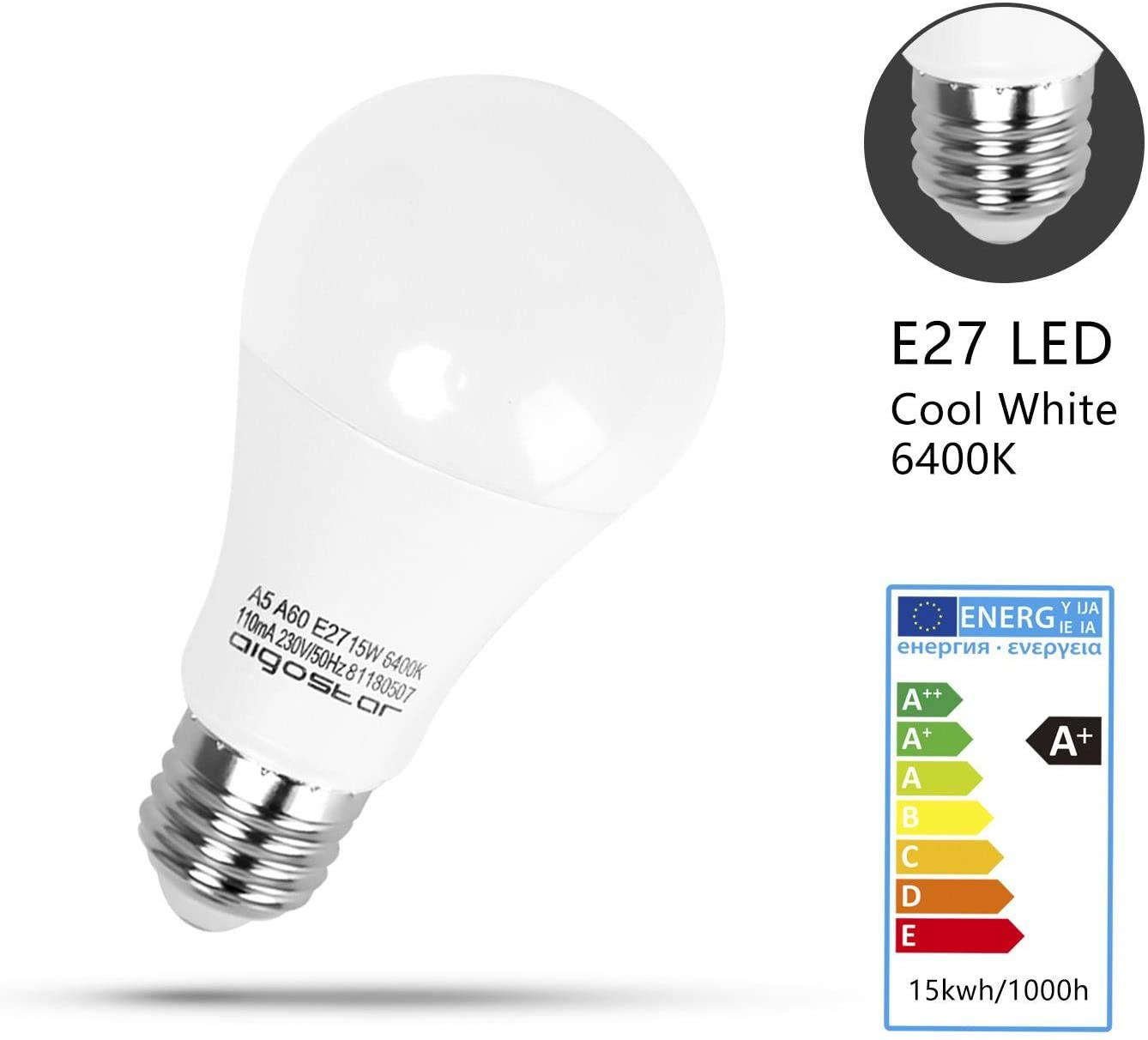 Una lampadina LED E27 bianca bianco freddo 6400K con classe energetica A+.