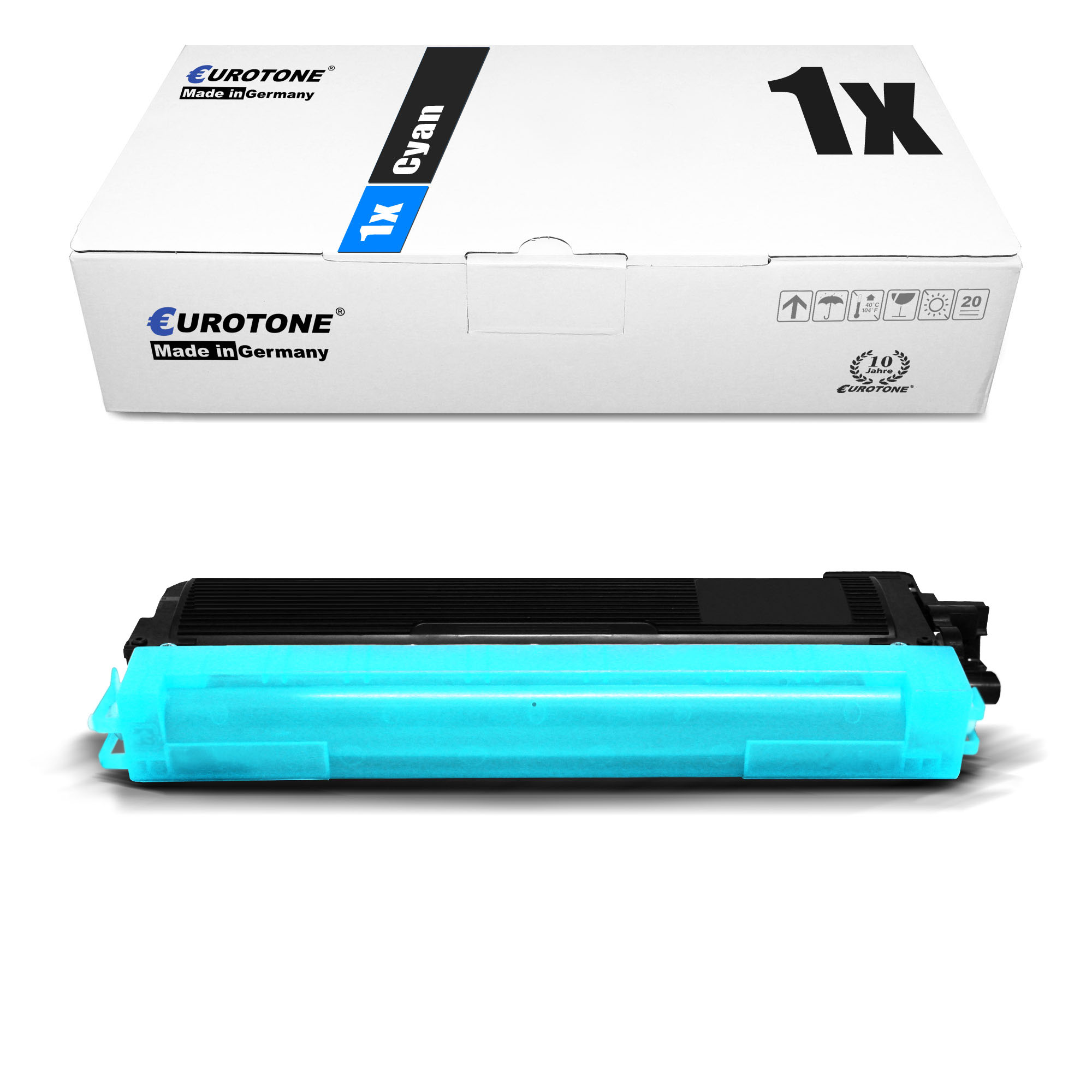 Eine cyanfarbene Tintenpatrone mit einer weißen Box darüber. Auf der Box steht Cyan und Eurotone.