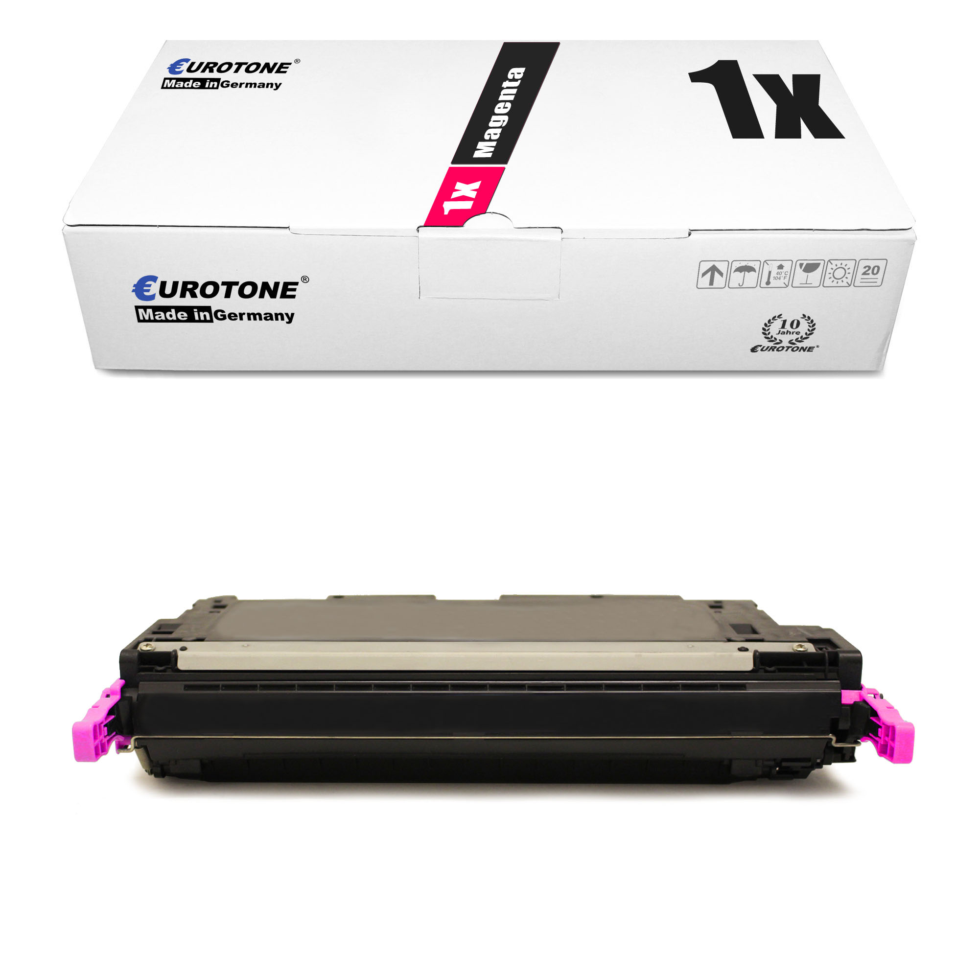 Magenta Eurotone-Tonerkartusche und -Box. Box: 1x Magenta XL. Made in Germany.