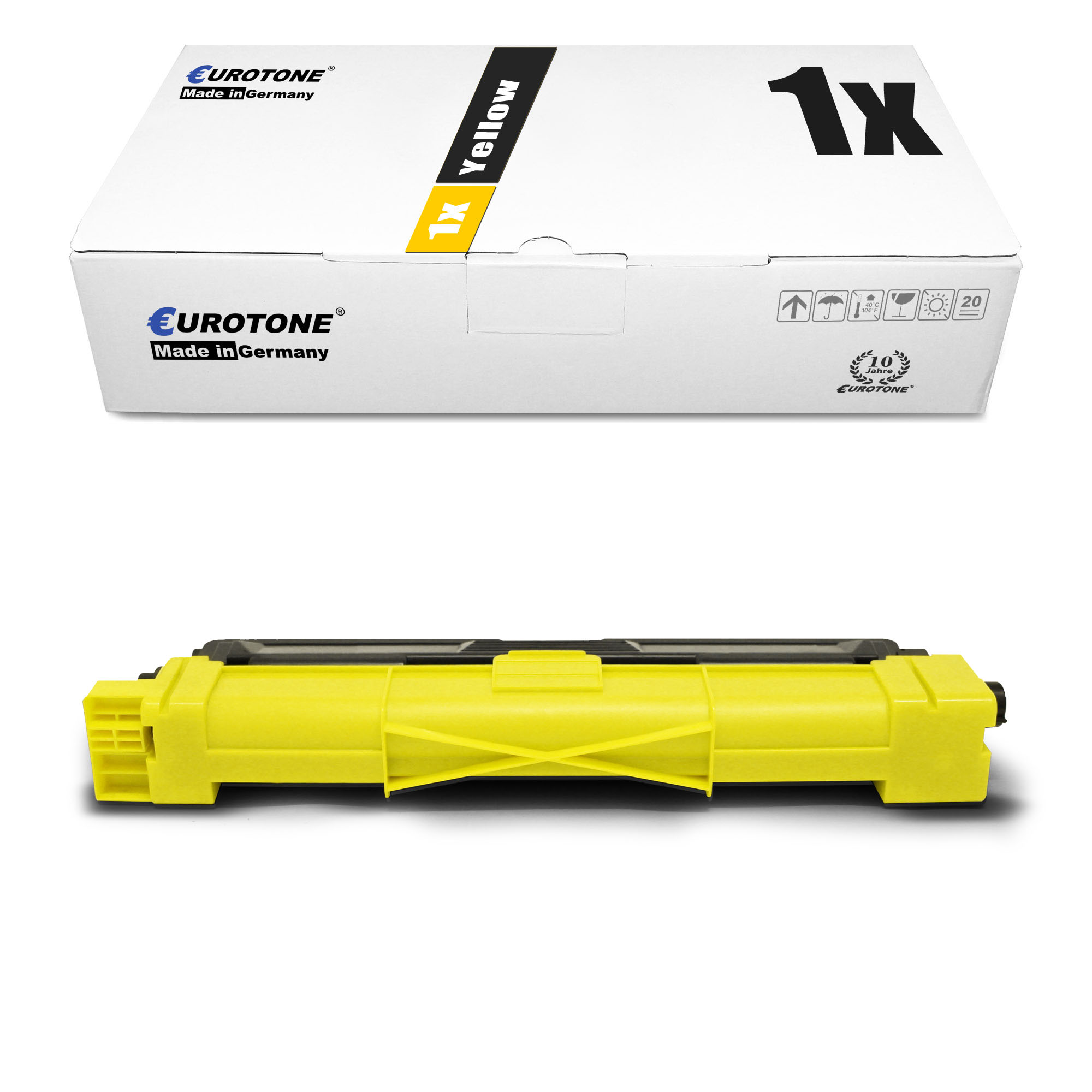 Gelbe Tonerkartusche und -Box. Auf der Box steht 1x Gelb, Eurotone, Made in Germany. Patrone ist gelb.