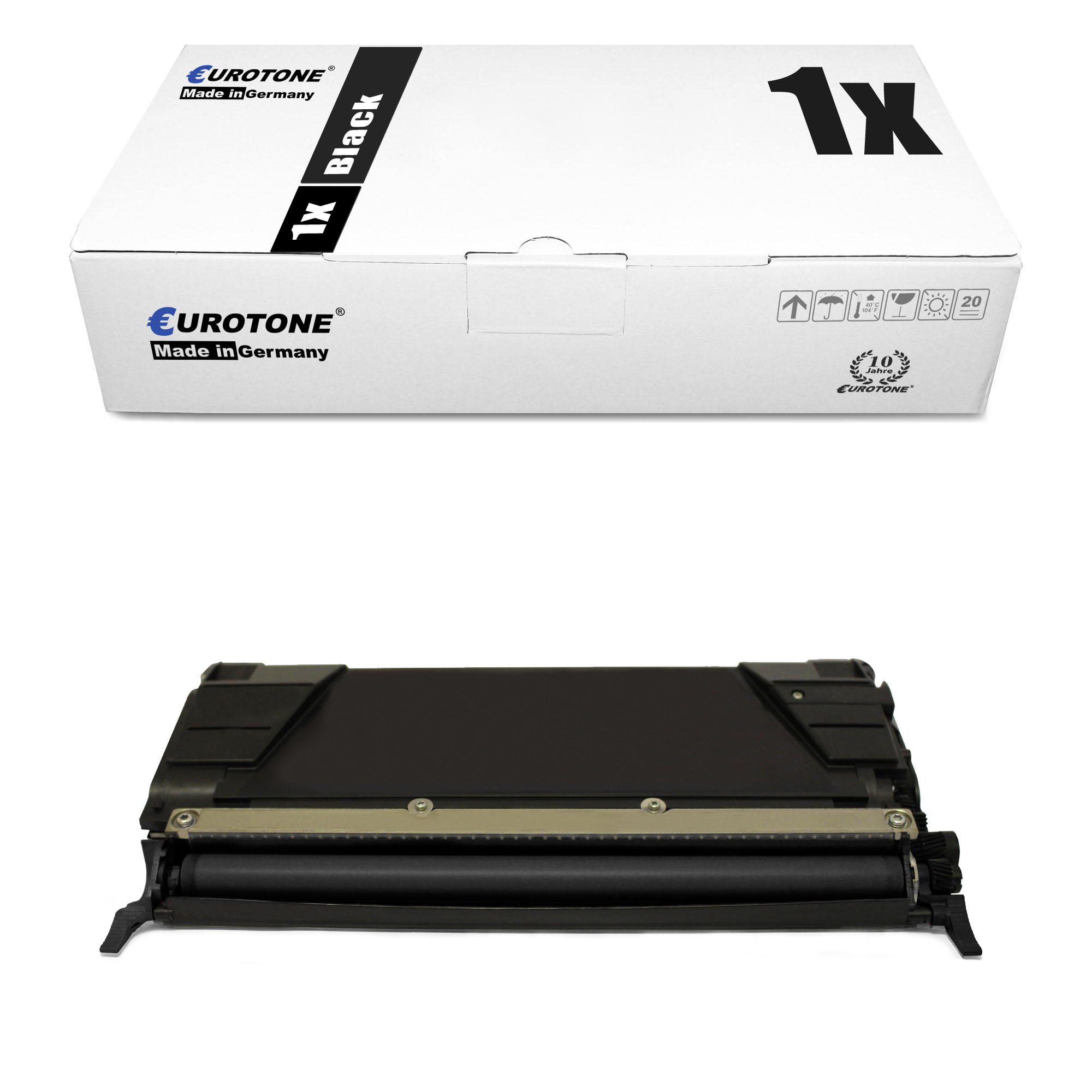 Schwarze Tonerkartusche und -Box auf weißem Hintergrund. Die Box ist mit 'Eurotone' und '1x Black' beschriftet.