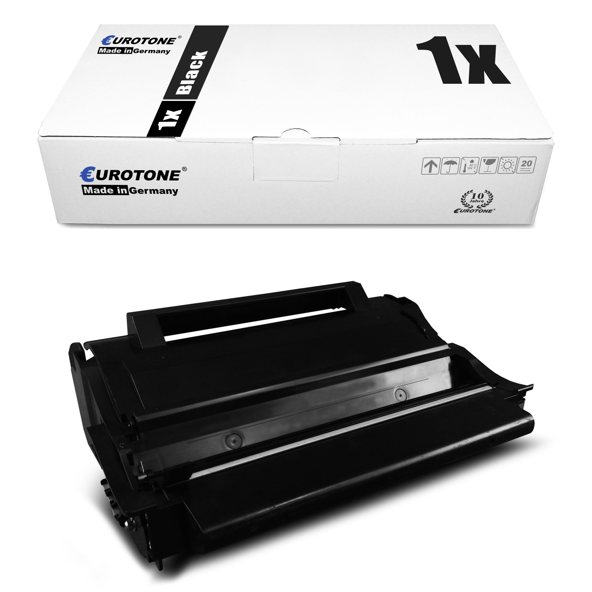 Schwarze Tonerkartusche und -Box. Auf der Box steht 1x Schwarz, Eurotone, Made in Germany. Patrone ist schwarz.