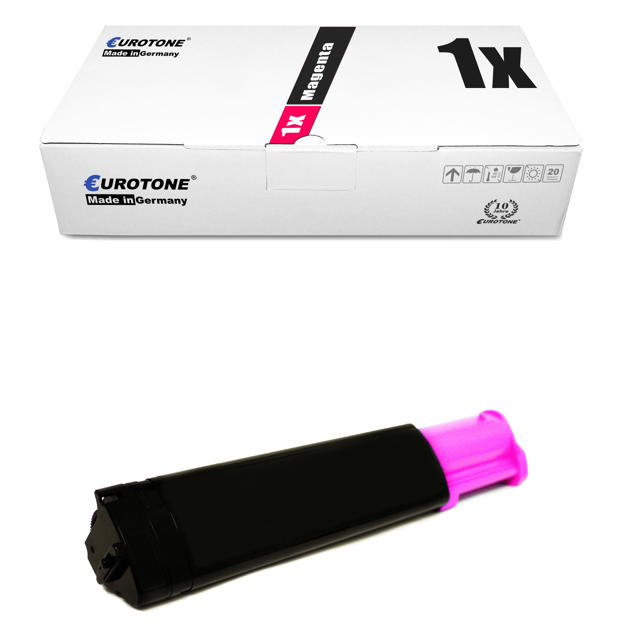 Magentafarbene Tonerkartusche und -box. Auf der Box steht 'Eurotone', 'Made in Germany'.
