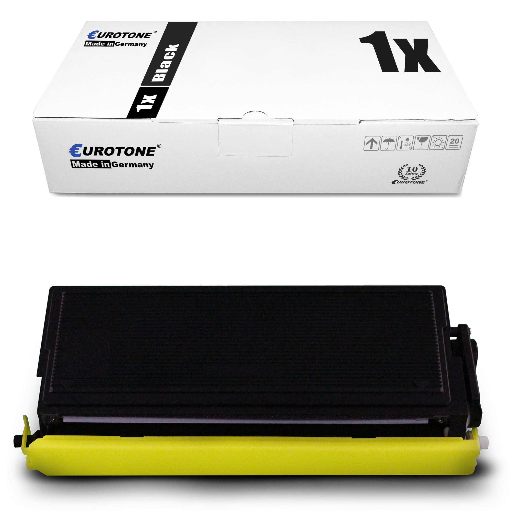 Schwarze Tonerkartusche und -Box. Auf der Box steht 1x Schwarz, Eurotone, Made in Germany. Patrone ist schwarz und gelb.