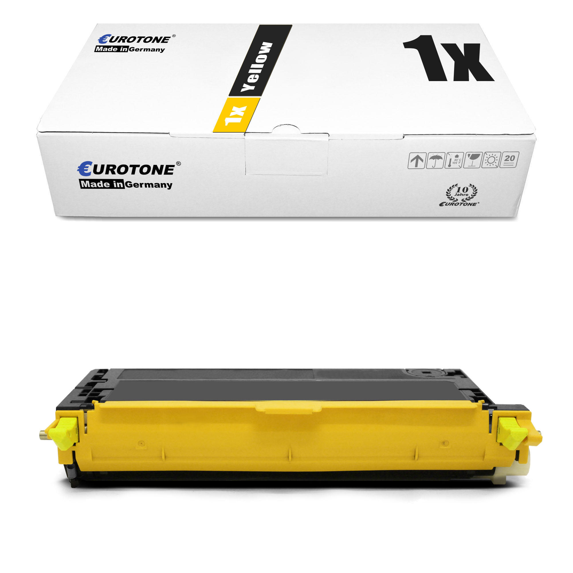 Weiße Box mit einer gelben Tonerkartusche und einem gelben Toner.