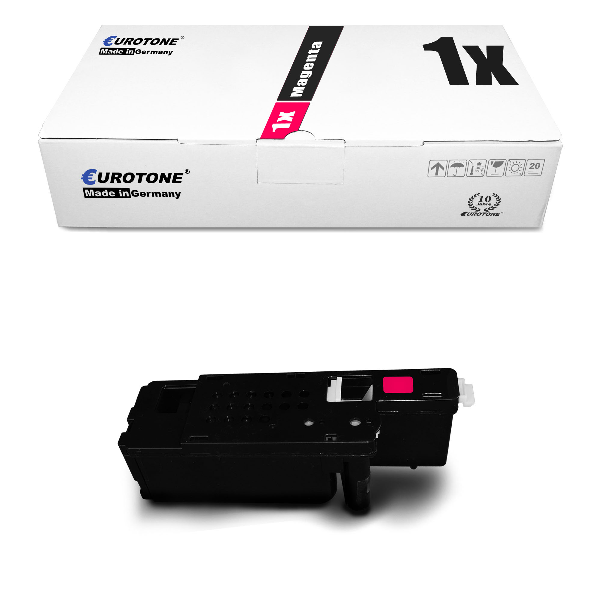 Magenta-Tonerkartusche und Box. Die Box ist weiß mit schwarzem Text. Die Patrone ist schwarz und rosa.