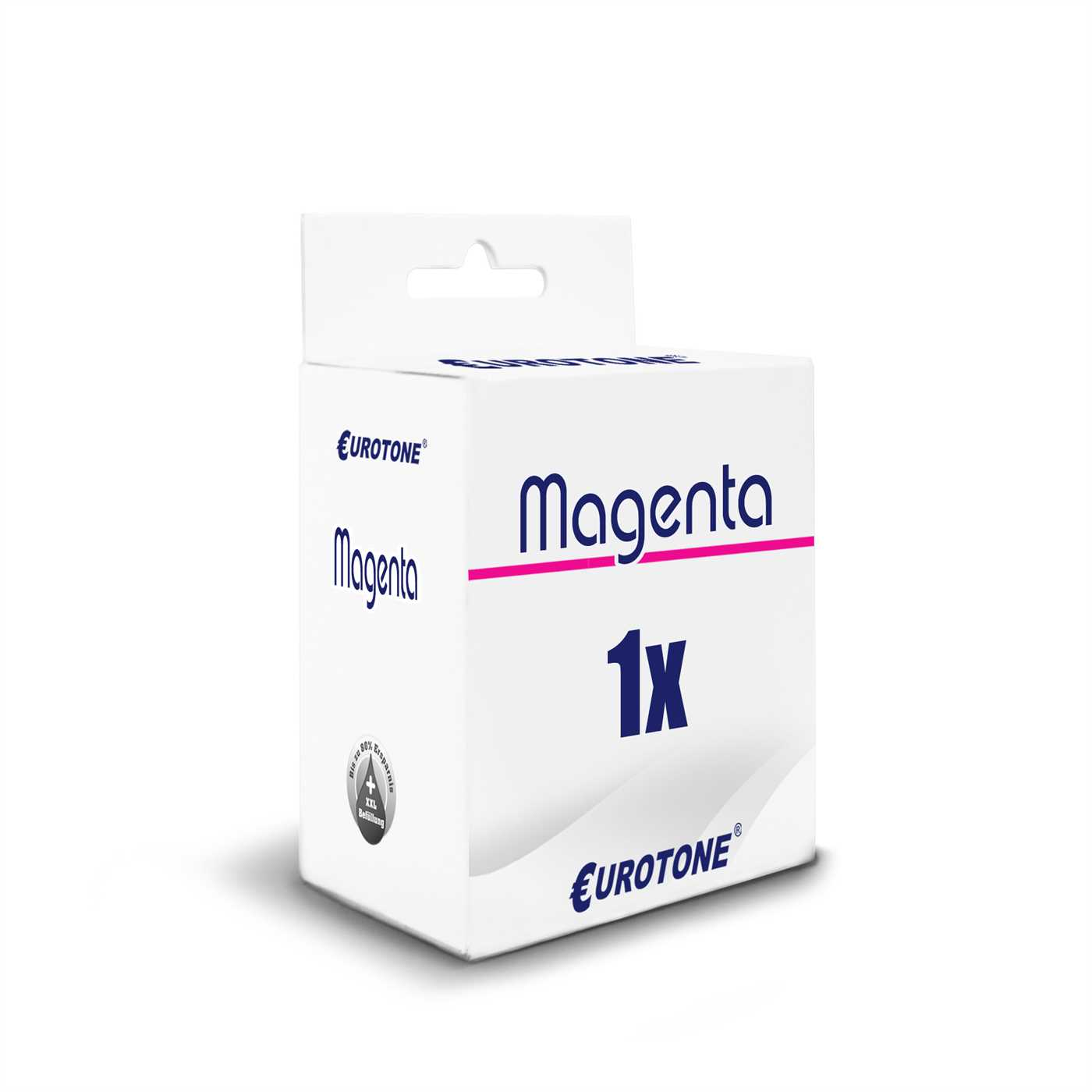 Weiße Box mit magentafarbenem Text und Logo. Eine kleine Box mit Aufhänger.