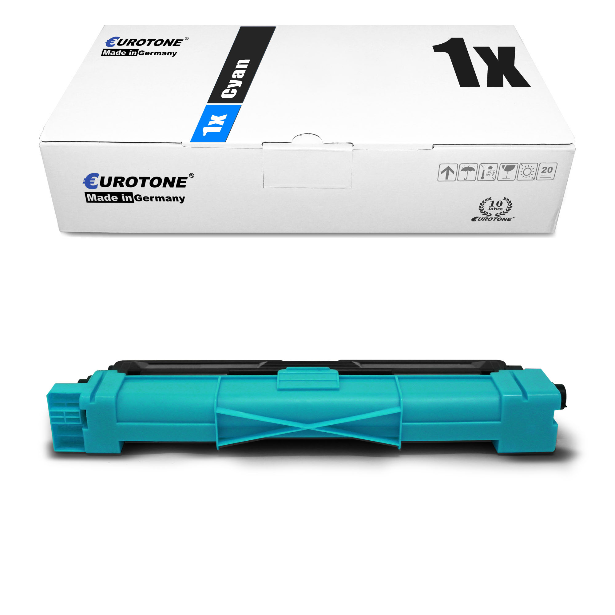Weiße Eurotone-Box und Cyan-Tonerkartusche. Schwarzer Text. Weißer Hintergrund.