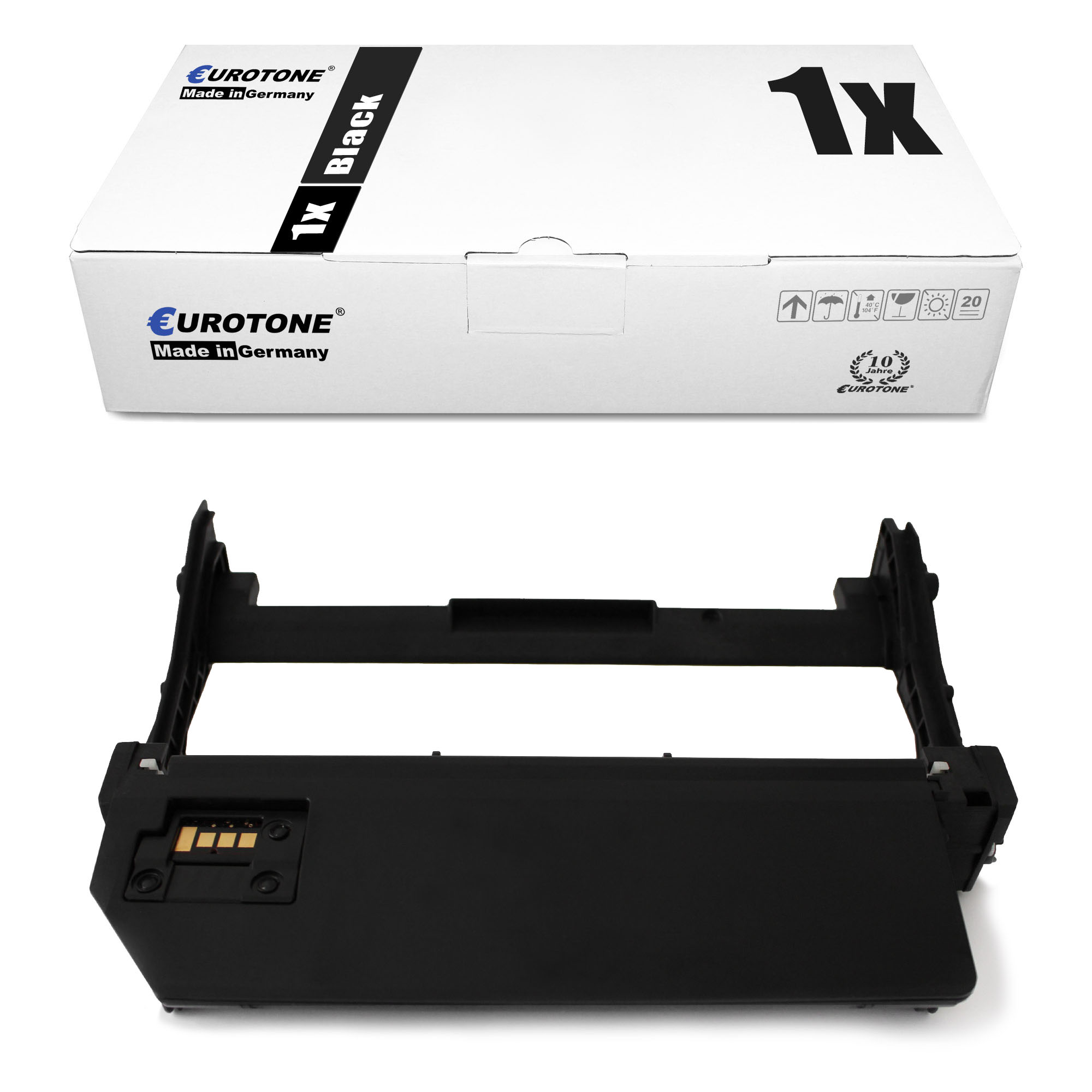 Schwarze Tintenpatrone und -box. Box: Eurotone, Schwarz, 1x. Patrone: schwarz und offen.