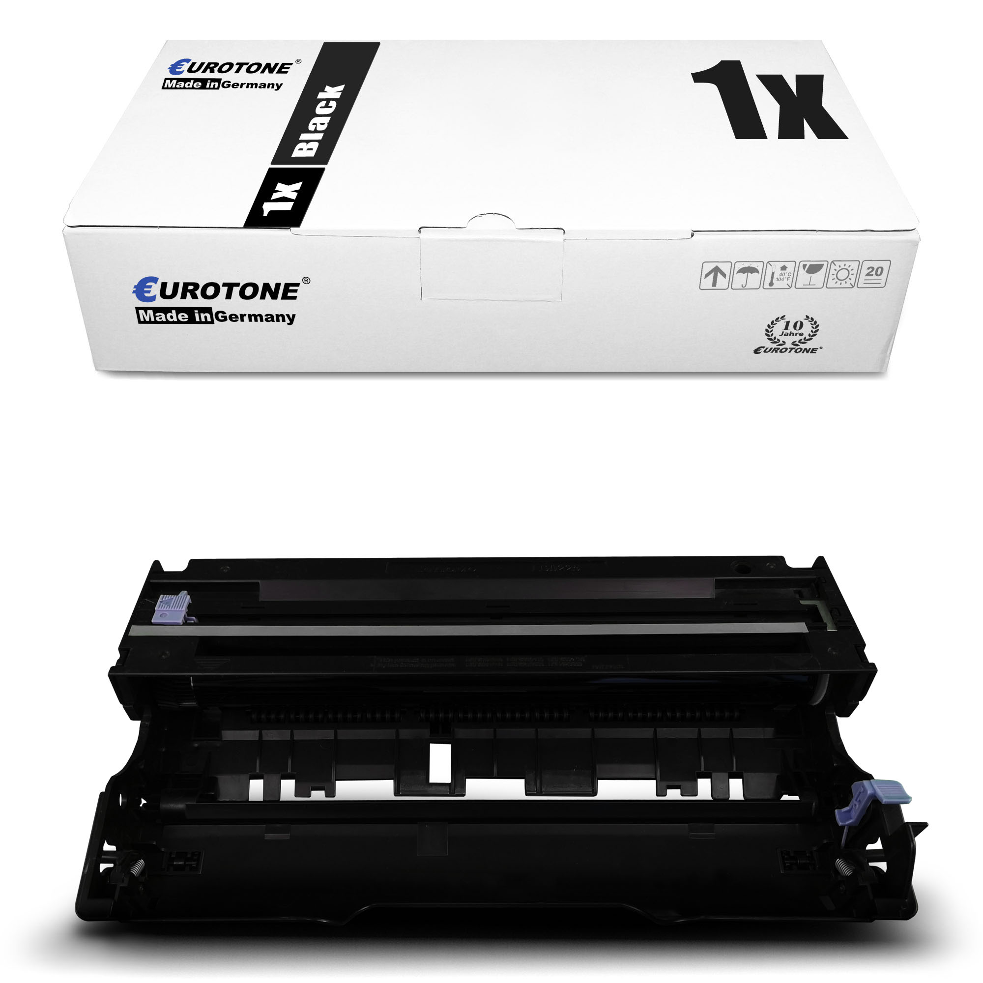 Weiße Box mit einer schwarzen Tonerkartusche und einem schwarzen Toner.