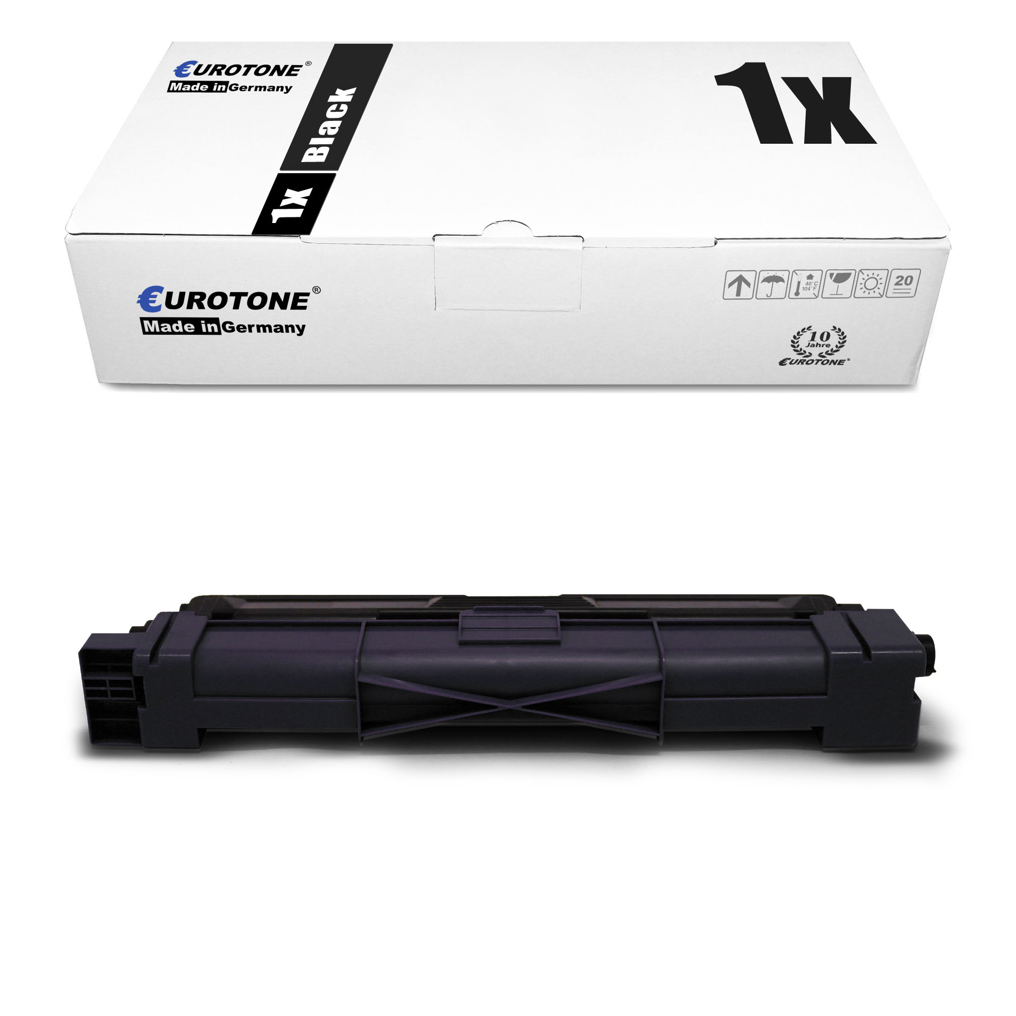 Schwarze Tonerkartusche und Box. Die Box ist weiß mit schwarzem Text. Die Patrone ist schwarz.